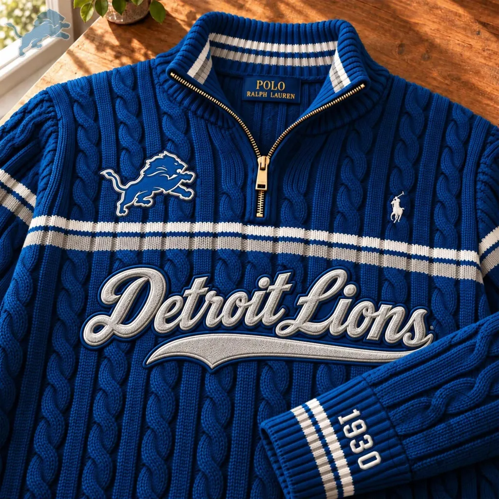 Detroit Lions Ralph Lauren Cable Knit Quarter Zip Pullover Sweater Detroit Lions Ralph Lauren Cable Knit Quarter Zip Pullover Sweater