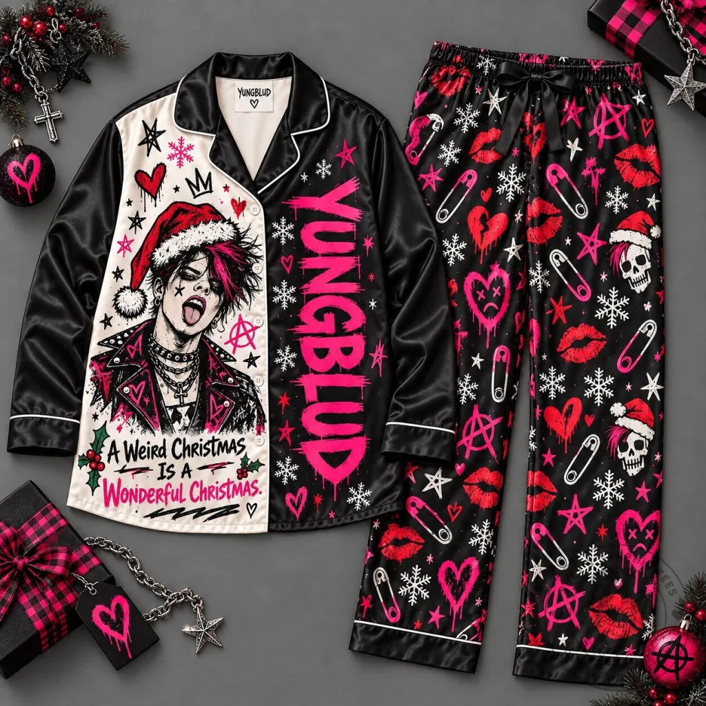 Yungblud Portrait Pink Heart Festive Snowflake Pattern Christmas Pajamas Set Yungblud Portrait Pink Heart Festive Snowflake Pattern Christmas Pajamas Set