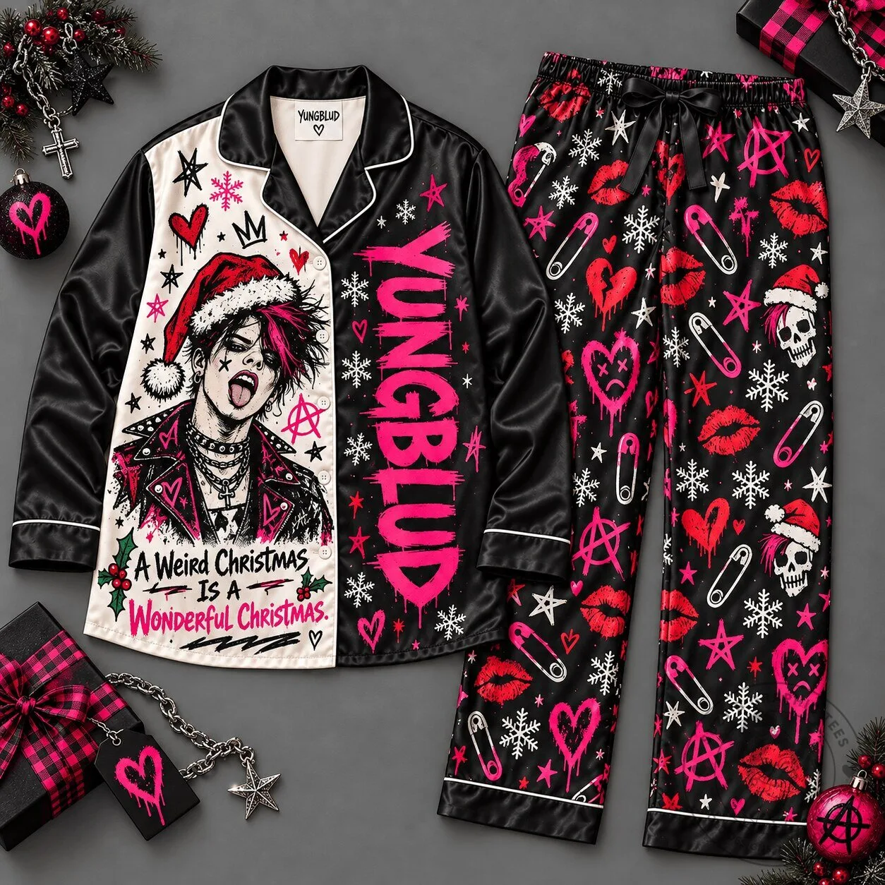 Yungblud Portrait Pink Heart Festive Snowflake Pattern Christmas Pajamas Set
