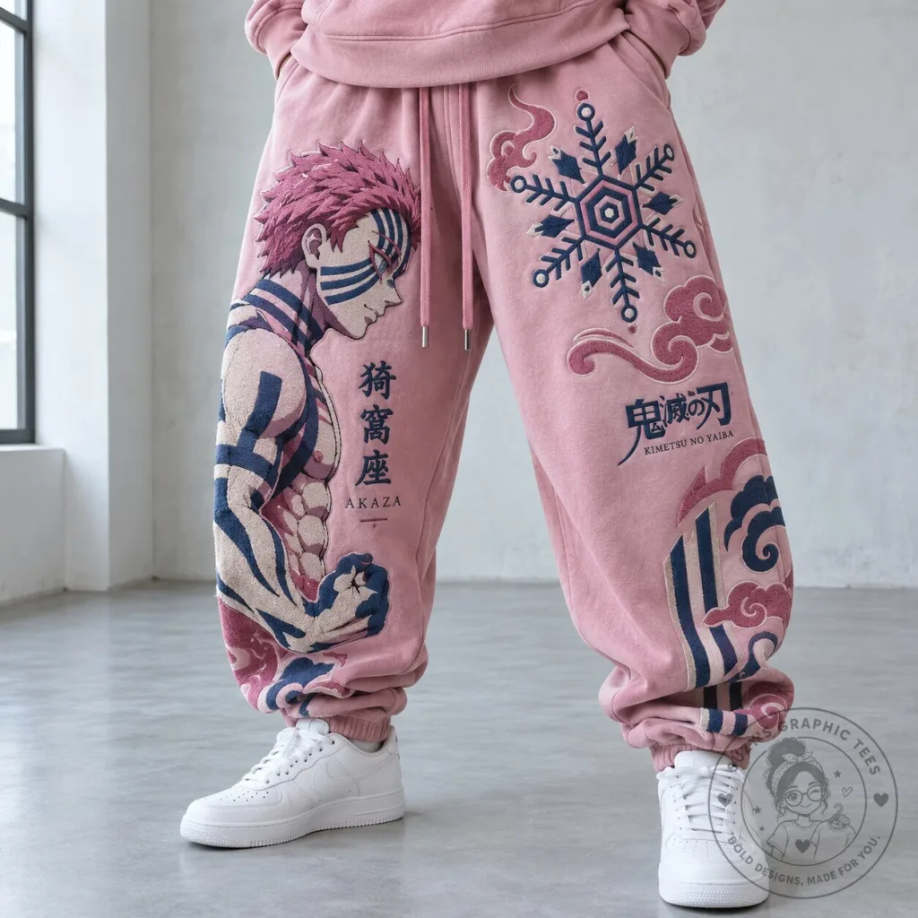 Demon Slayer Akaza Anime Character Pink Graphic Print Sweatpants Demon Slayer Akaza Anime Character Pink Graphic Print Sweatpants