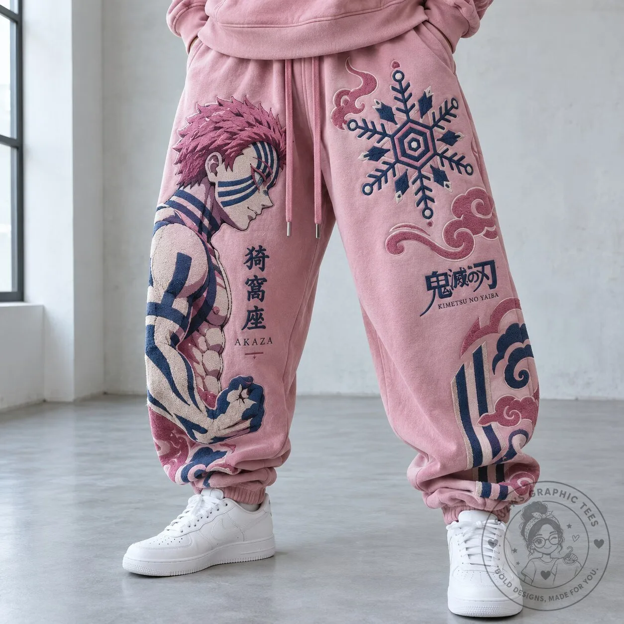 Demon Slayer Akaza Anime Character Pink Graphic Print Sweatpants