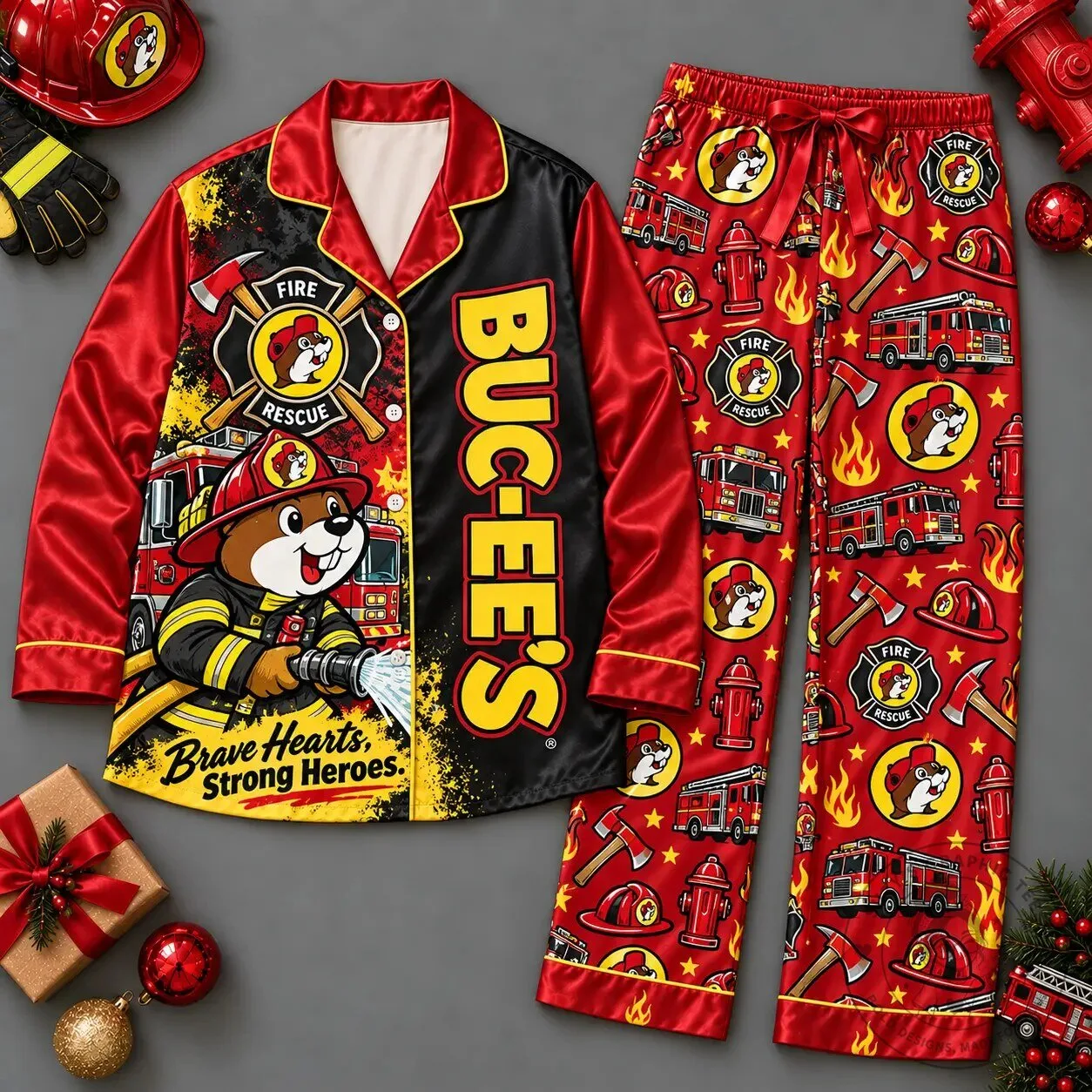 Buc-ee's Pajamas Fire Rescue Brave Hearts Strong Heroes Sleepwear Set