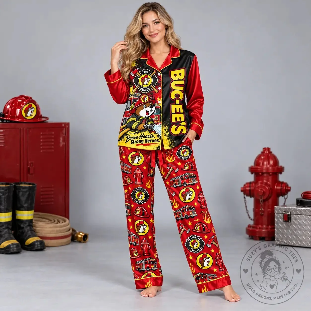 Buc-ee's Pajamas Fire Rescue Brave Hearts Strong Heroes Sleepwear Set 6 Buc-ee