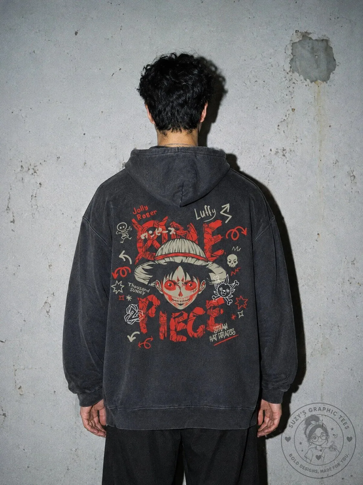 One Piece Monkey D. Luffy Straw Hat Pirates Jolly Roger Vintage Hoodie