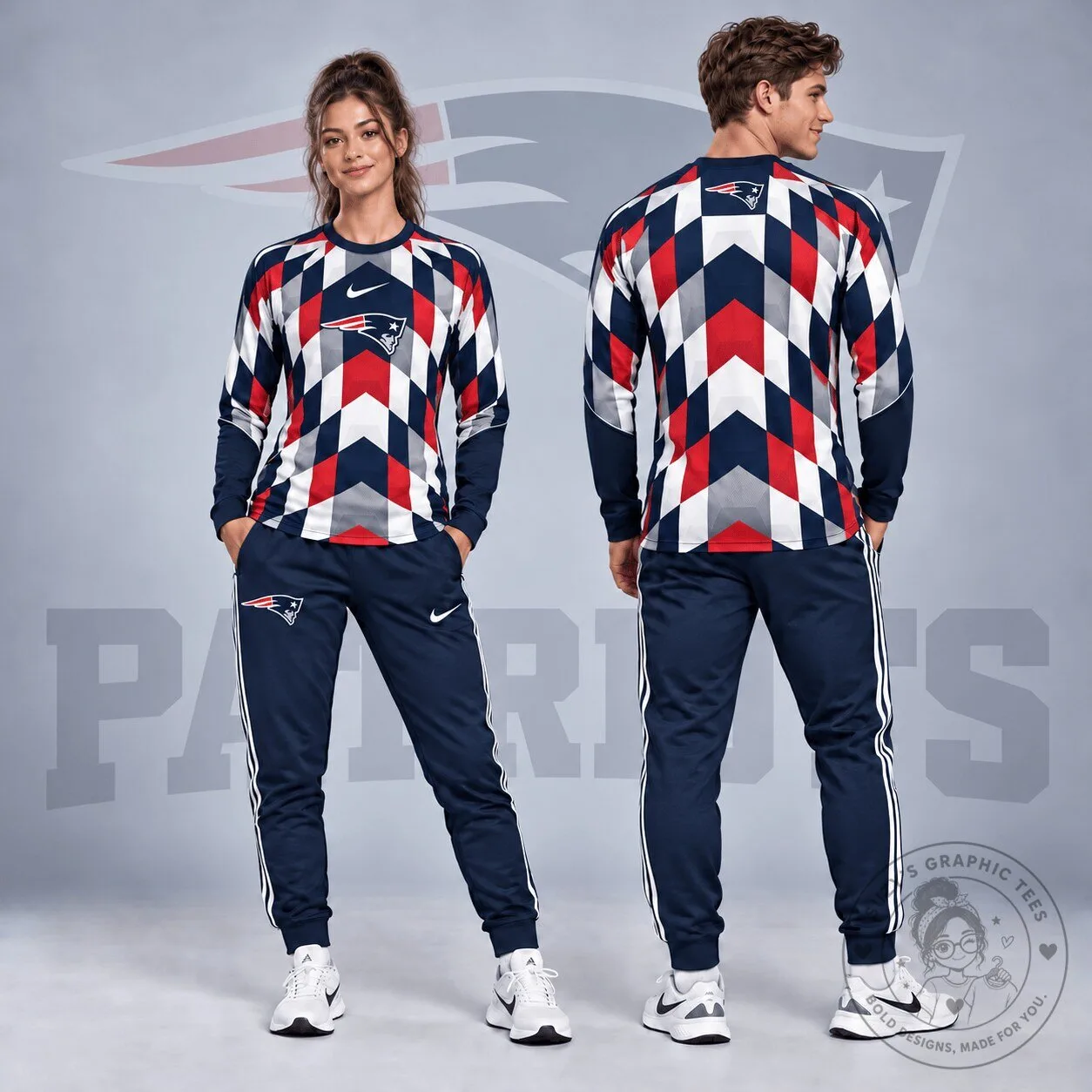 New England Patriots NFL Diamond Chevron Geometric Print Long Sleeve Shirt