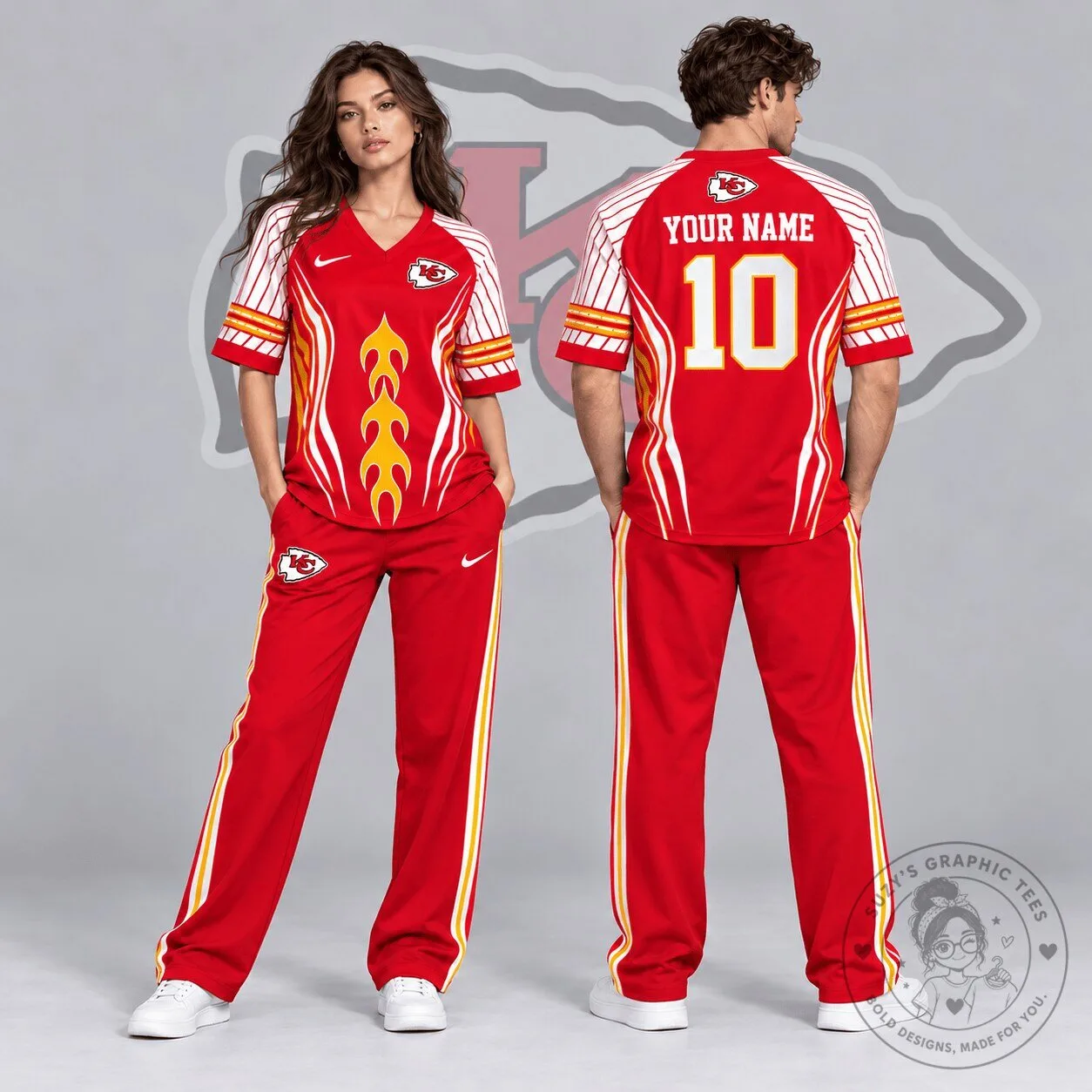 Kansas City Chiefs Custom Name Number Flame Graphic V-Neck Football Jersey