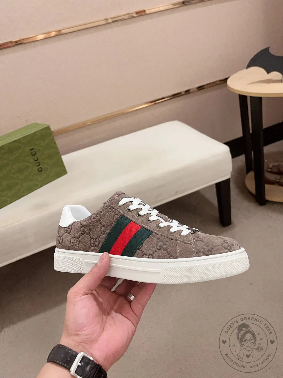Gucci Brown Monogrammed Stripe Ace Sneakers with White Laces and Soles
