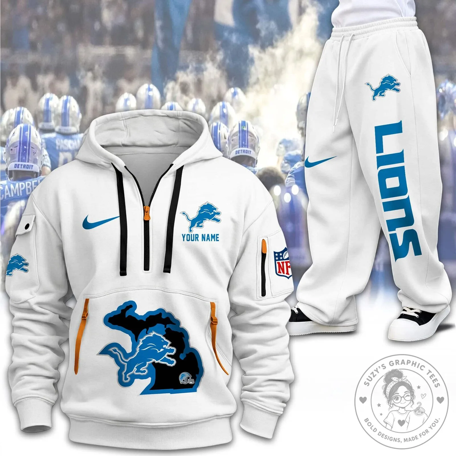Detroit Lions Football Team Quarter-Zip Hoodie 9 Detroit Lions Football Team Quarter-Zip Hoodie