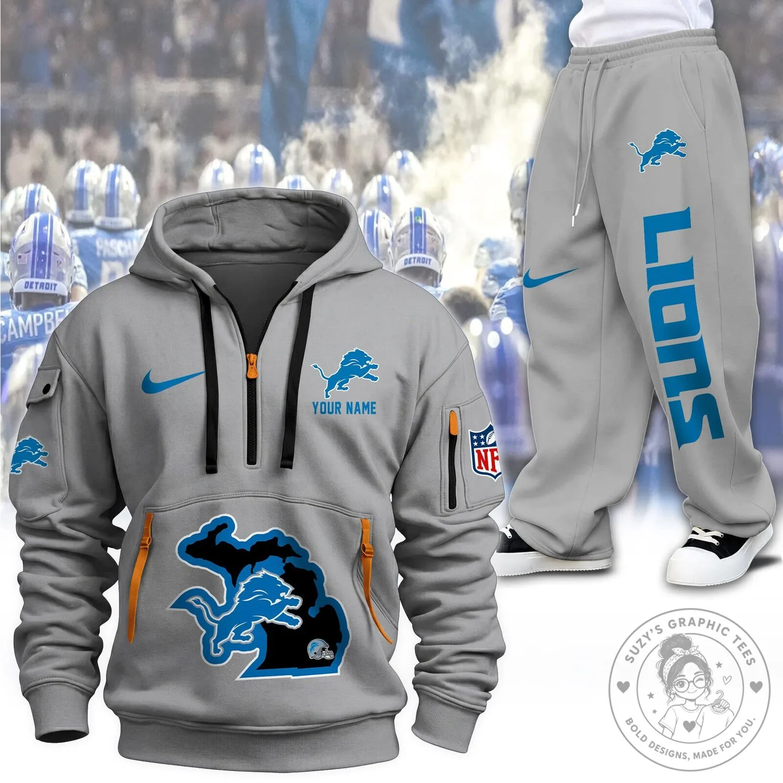 Detroit Lions Football Team Quarter-Zip Hoodie 11 Detroit Lions Football Team Quarter-Zip Hoodie