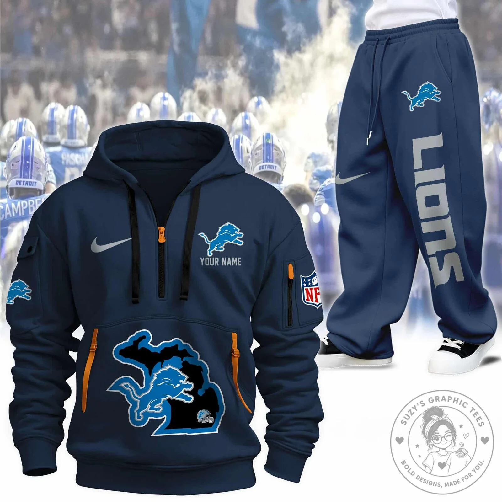 Detroit Lions Football Team Quarter-Zip Hoodie 12 Detroit Lions Football Team Quarter-Zip Hoodie