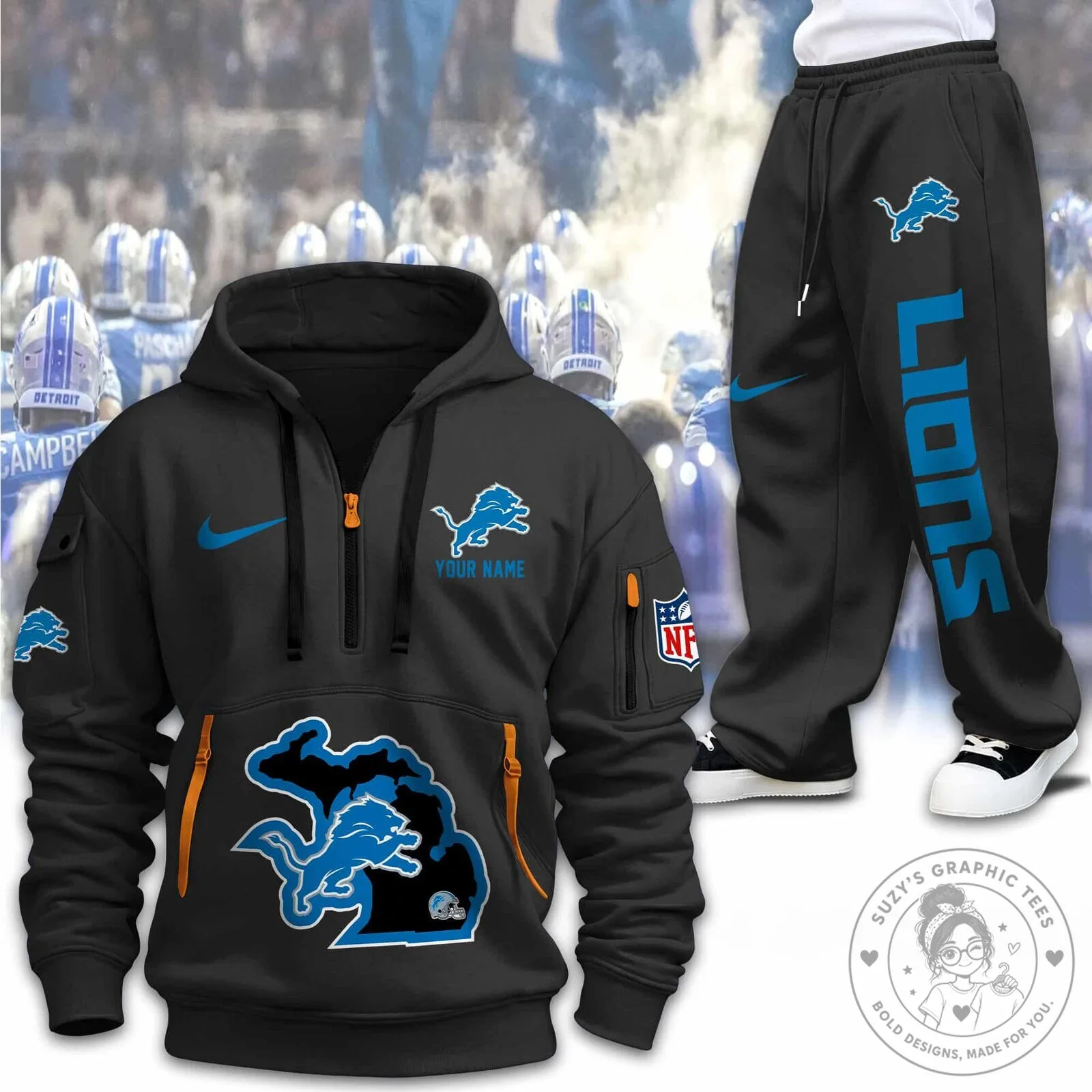 Detroit Lions Football Team Quarter-Zip Hoodie 13 Detroit Lions Football Team Quarter-Zip Hoodie
