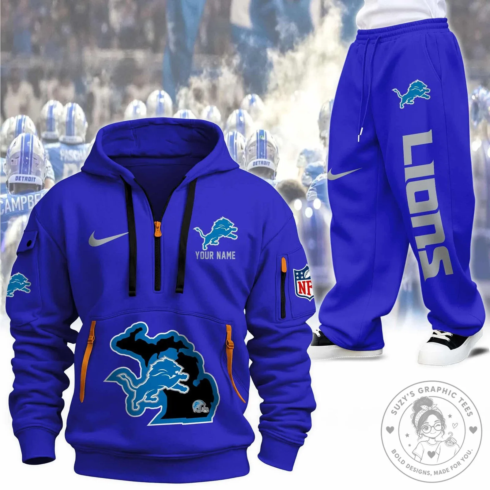 Detroit Lions Football Team Quarter-Zip Hoodie 14 Detroit Lions Football Team Quarter-Zip Hoodie