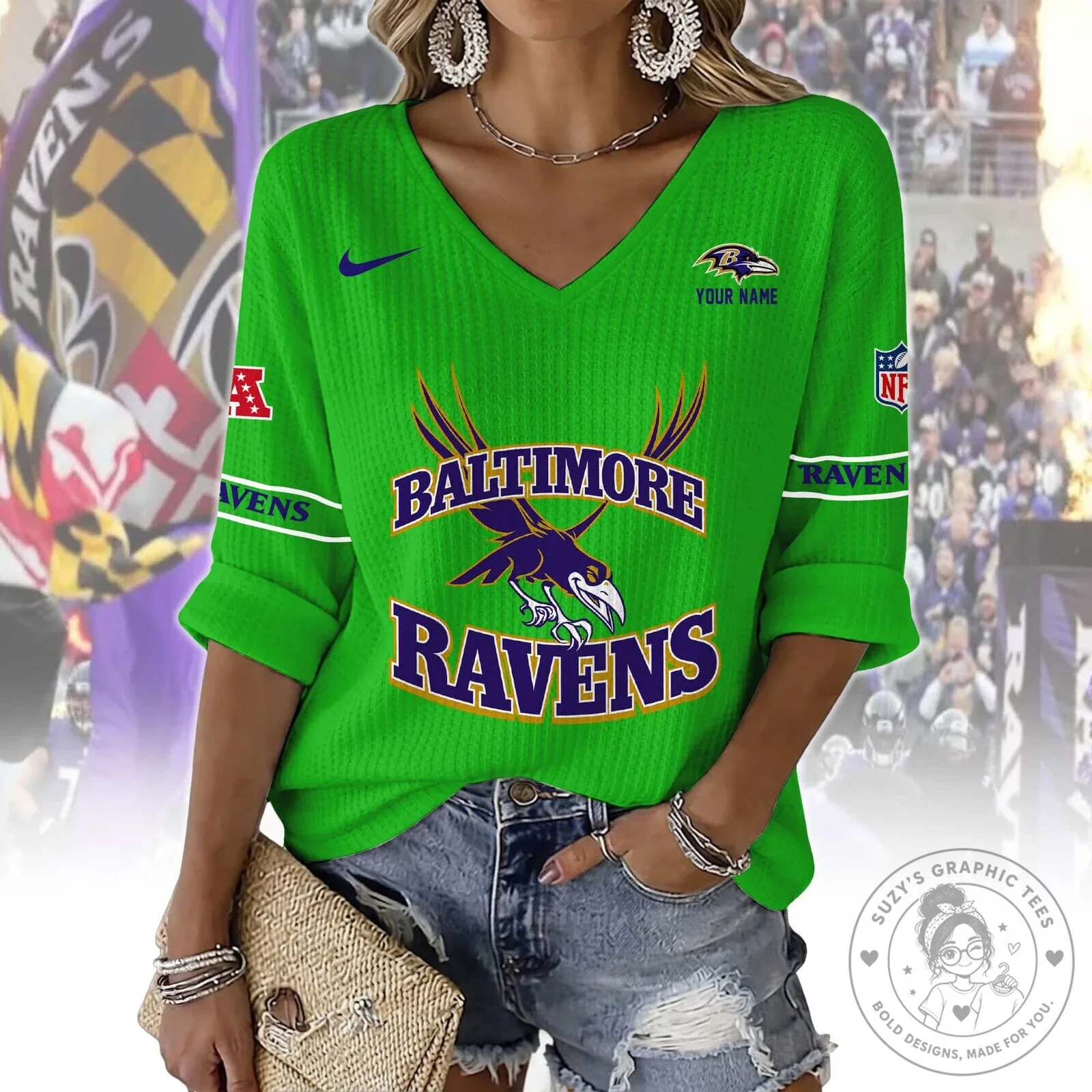 Baltimore Ravens Women's V-Neck Long Sleeve Football Fan Shirt 7 Baltimore Ravens Women