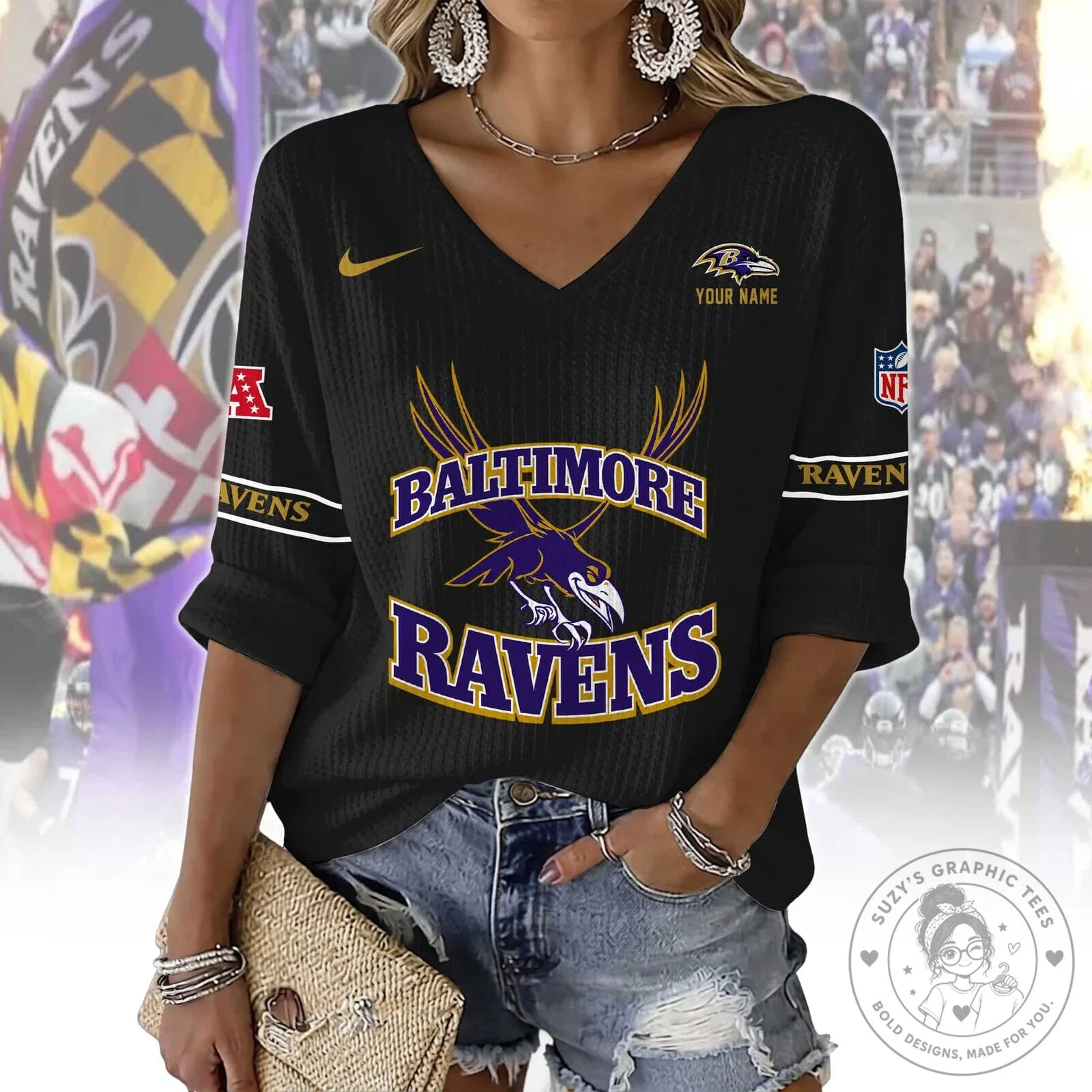 Baltimore Ravens Women's V-Neck Long Sleeve Football Fan Shirt 8 Baltimore Ravens Women