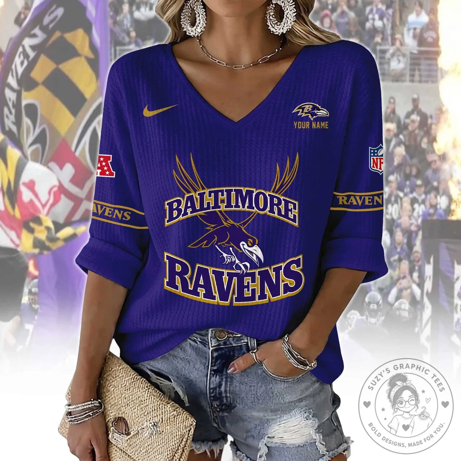 Baltimore Ravens Women's V-Neck Long Sleeve Football Fan Shirt 9 Baltimore Ravens Women