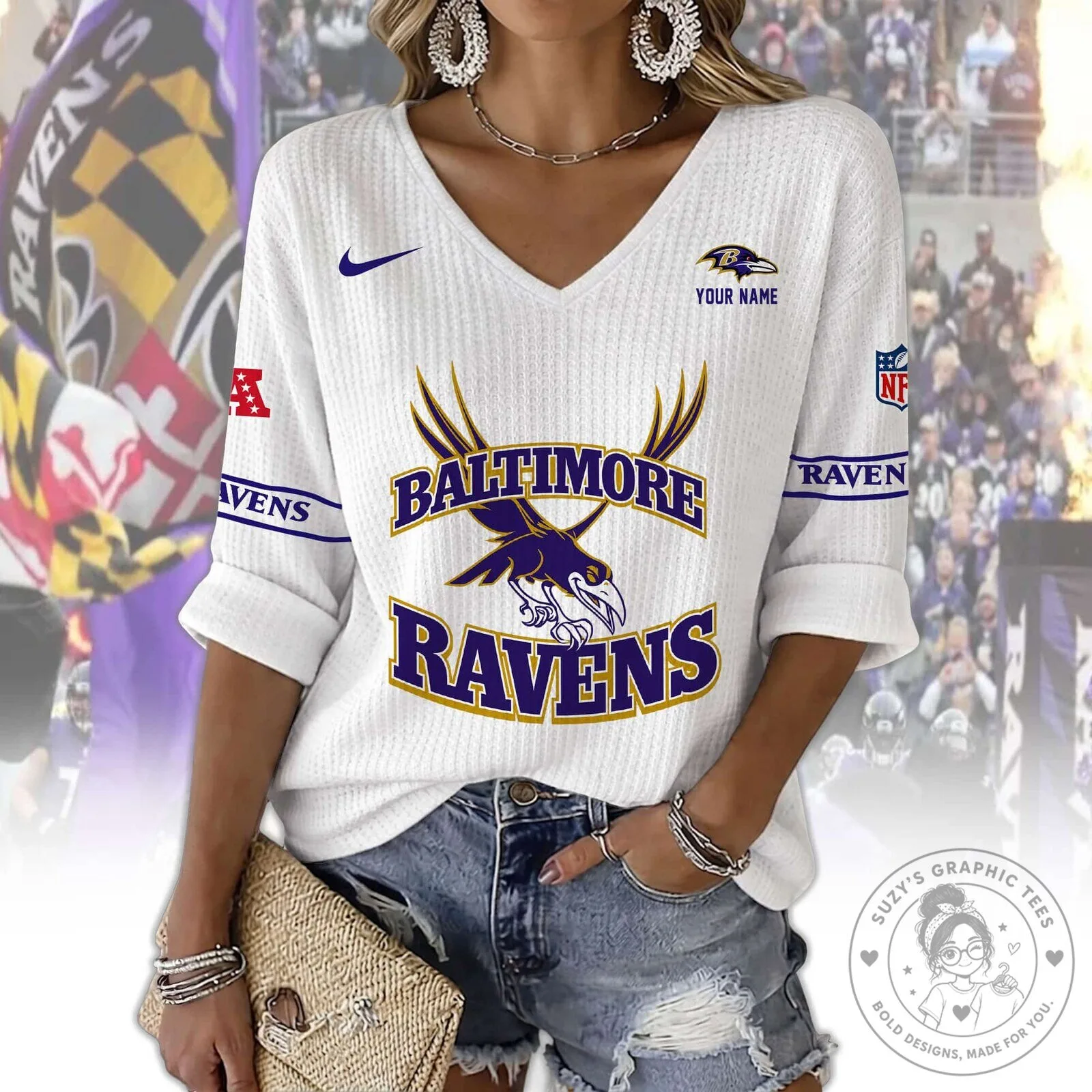 Baltimore Ravens Women's V-Neck Long Sleeve Football Fan Shirt 10 Baltimore Ravens Women