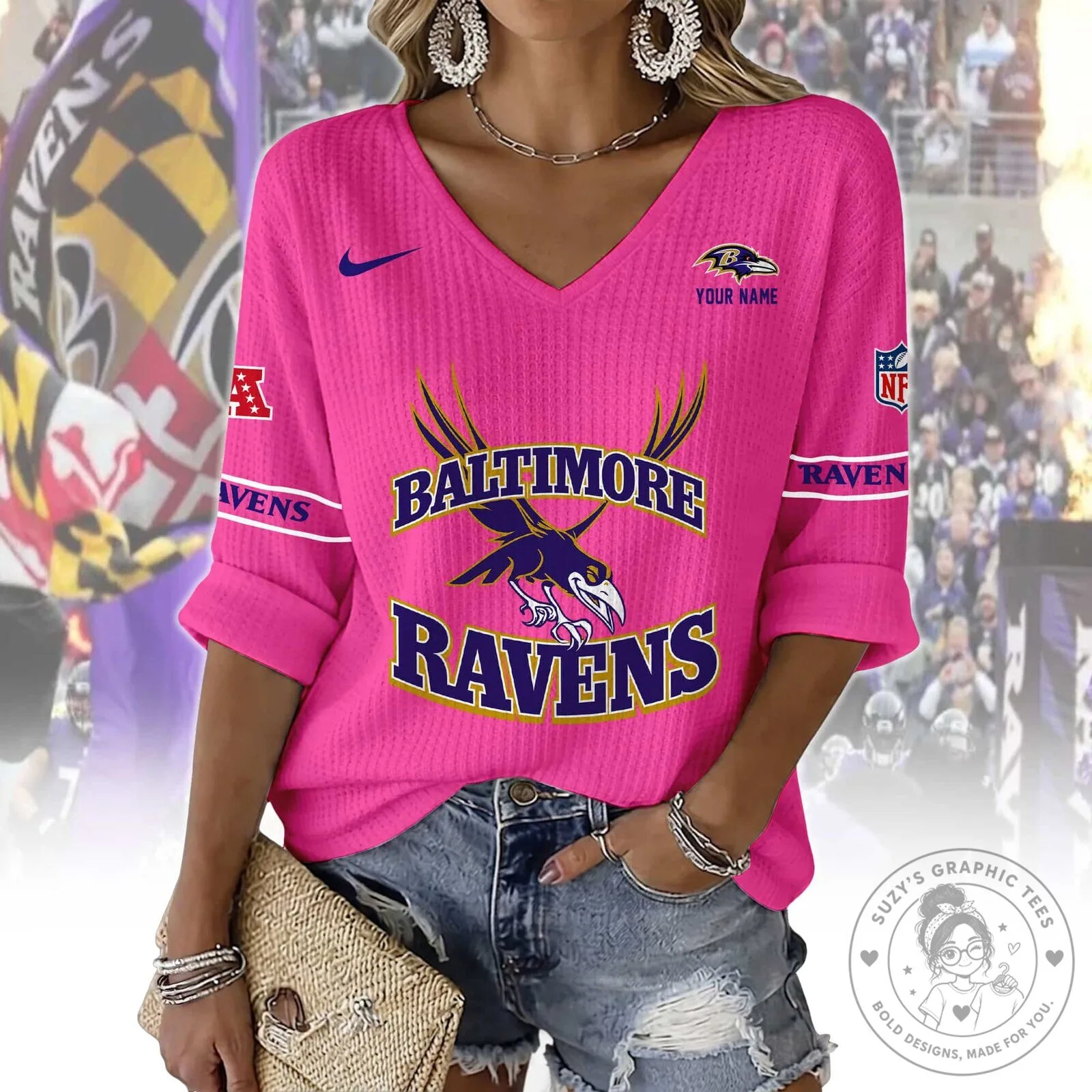 Baltimore Ravens Women's V-Neck Long Sleeve Football Fan Shirt 11 Baltimore Ravens Women