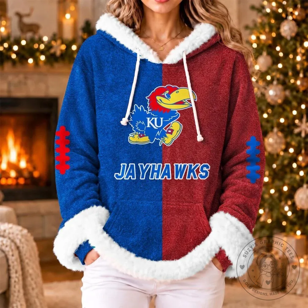 Kansas Jayhawks Split Color Fleece Hoodie with Faux Fur Trim for Women