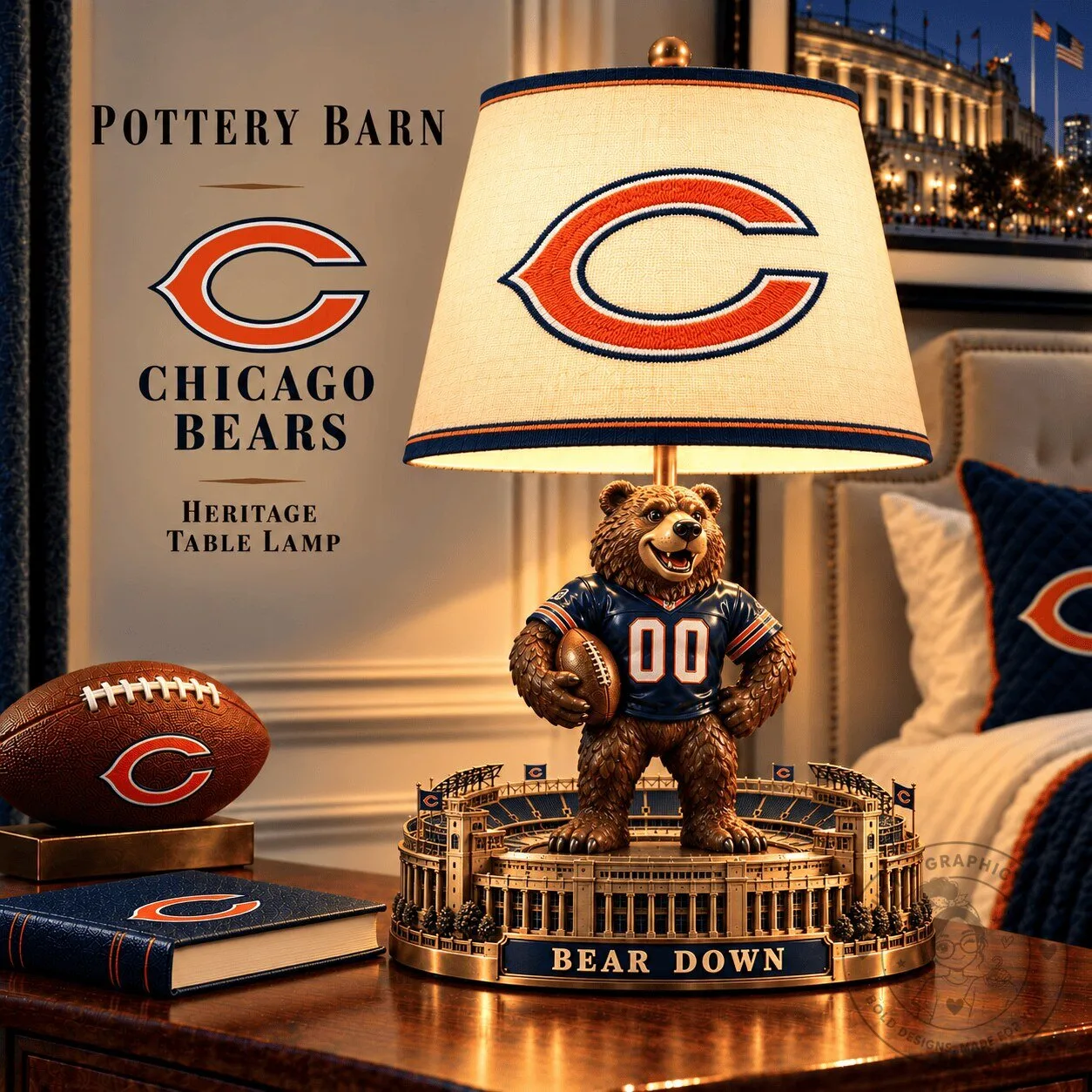 Chicago Bears Heritage Table Lamp with Bear Mascot and Stadium Base