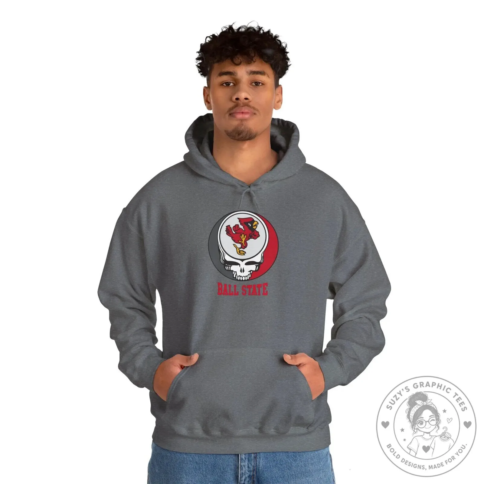 Ball State University Cardinals Grateful Dead Style Skull Hoodie