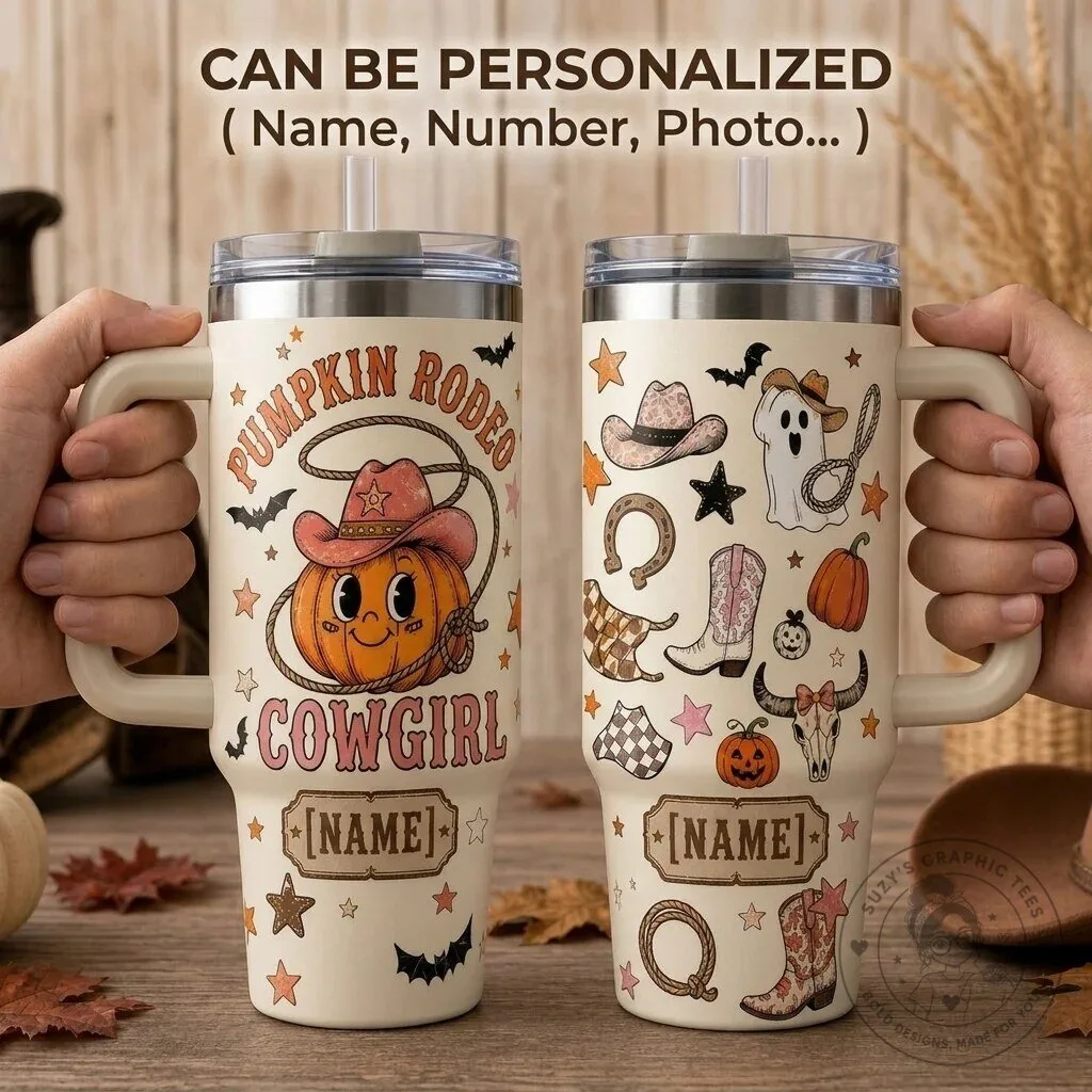 Personalized Pumpkin Rodeo Cowgirl Halloween Tumbler with Handle 1 Personalized Pumpkin Rodeo Cowgirl Halloween Tumbler with Handle