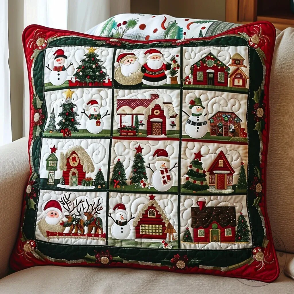 Santa's Wonderland Quilted Christmas Holiday Decorative Pillow Cover