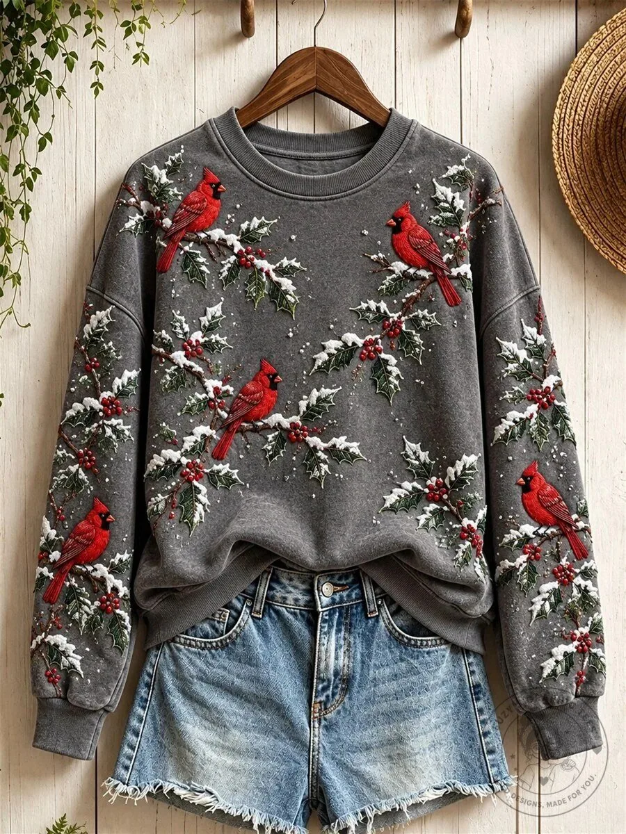 Red Cardinal Birds on Snowy Holly Branches Winter Sweatshirt