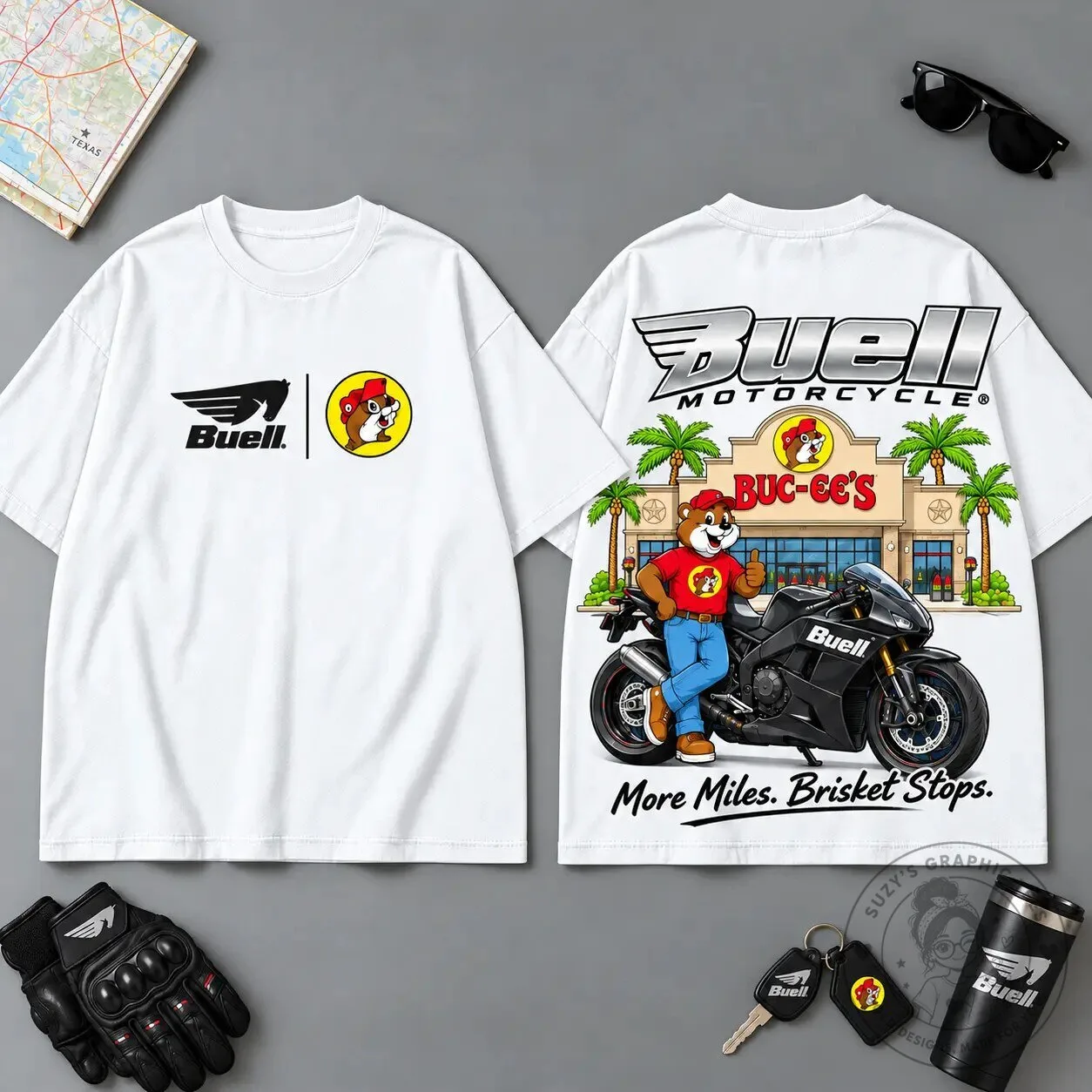 Buell Motorcycle Buc-ee's More Miles Brisket Stops T-Shirt 7 Buell Motorcycle Buc-ee