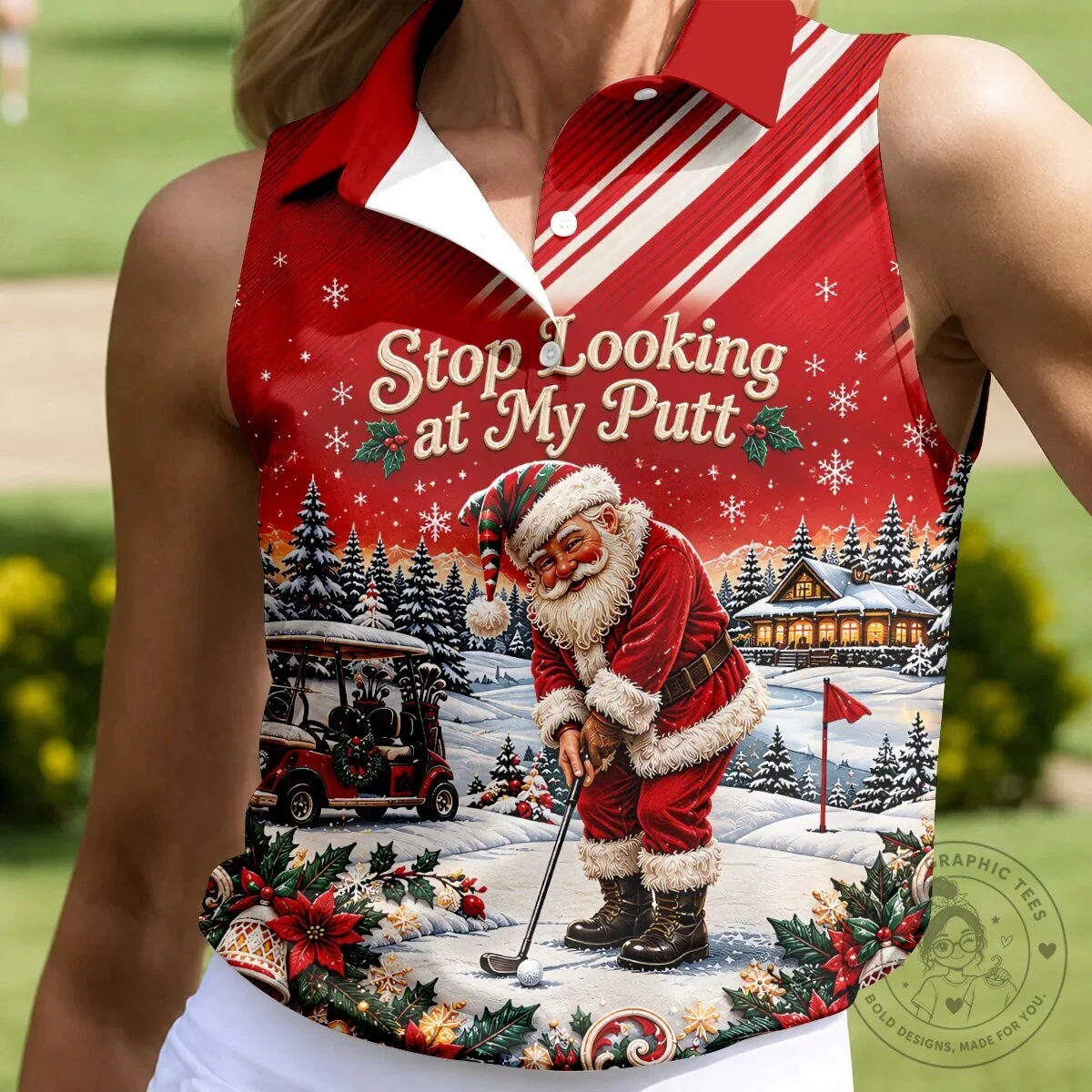 Christmas Golf Polo Shirt with Funny Santa Claus "Stop Looking at My Putt" Design 1 Christmas Golf Polo Shirt with Funny Santa Claus "Stop Looking at My Putt" Design