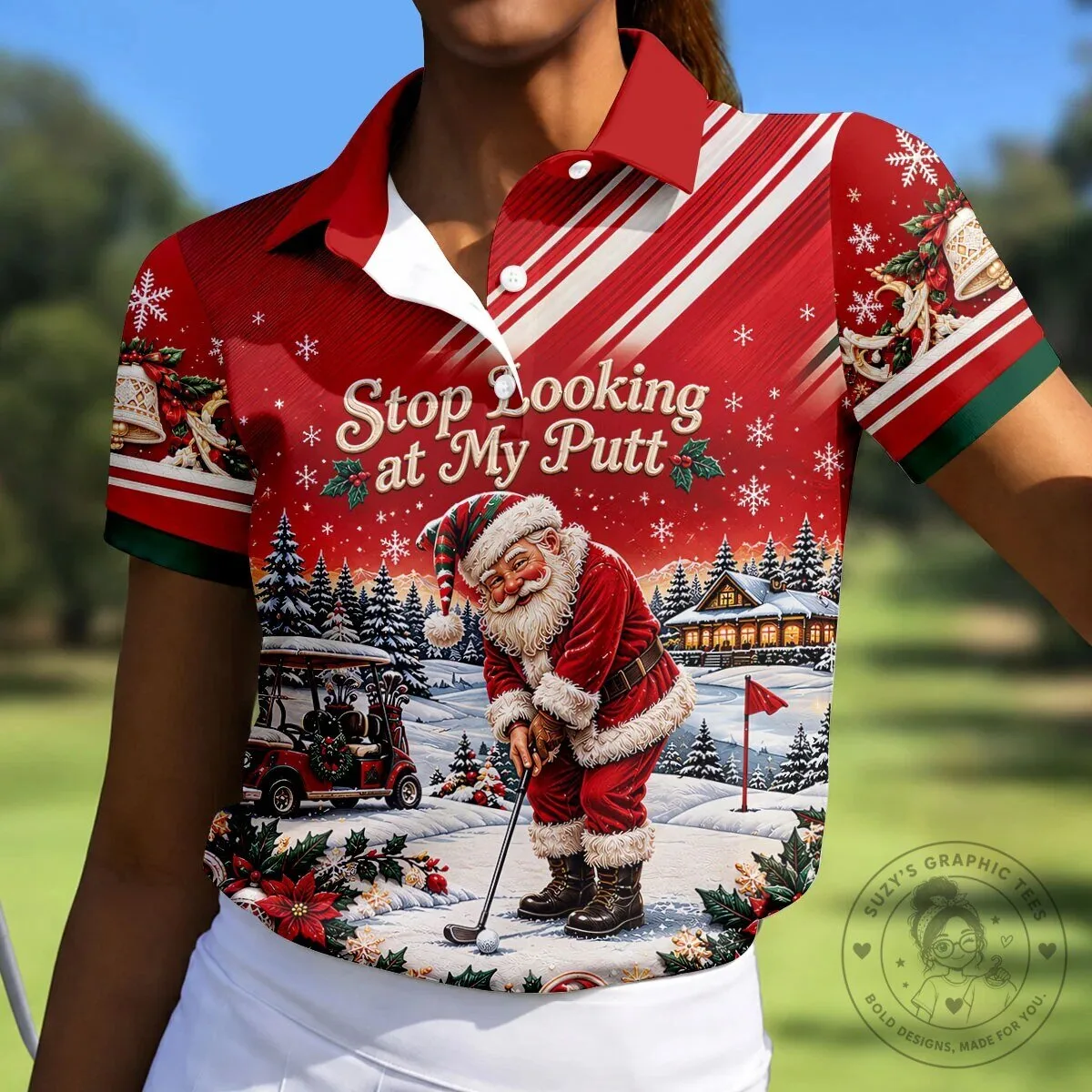Christmas Golf Polo Shirt with Funny Santa Claus "Stop Looking at My Putt" Design 16 Christmas Golf Polo Shirt with Funny Santa Claus "Stop Looking at My Putt" Design