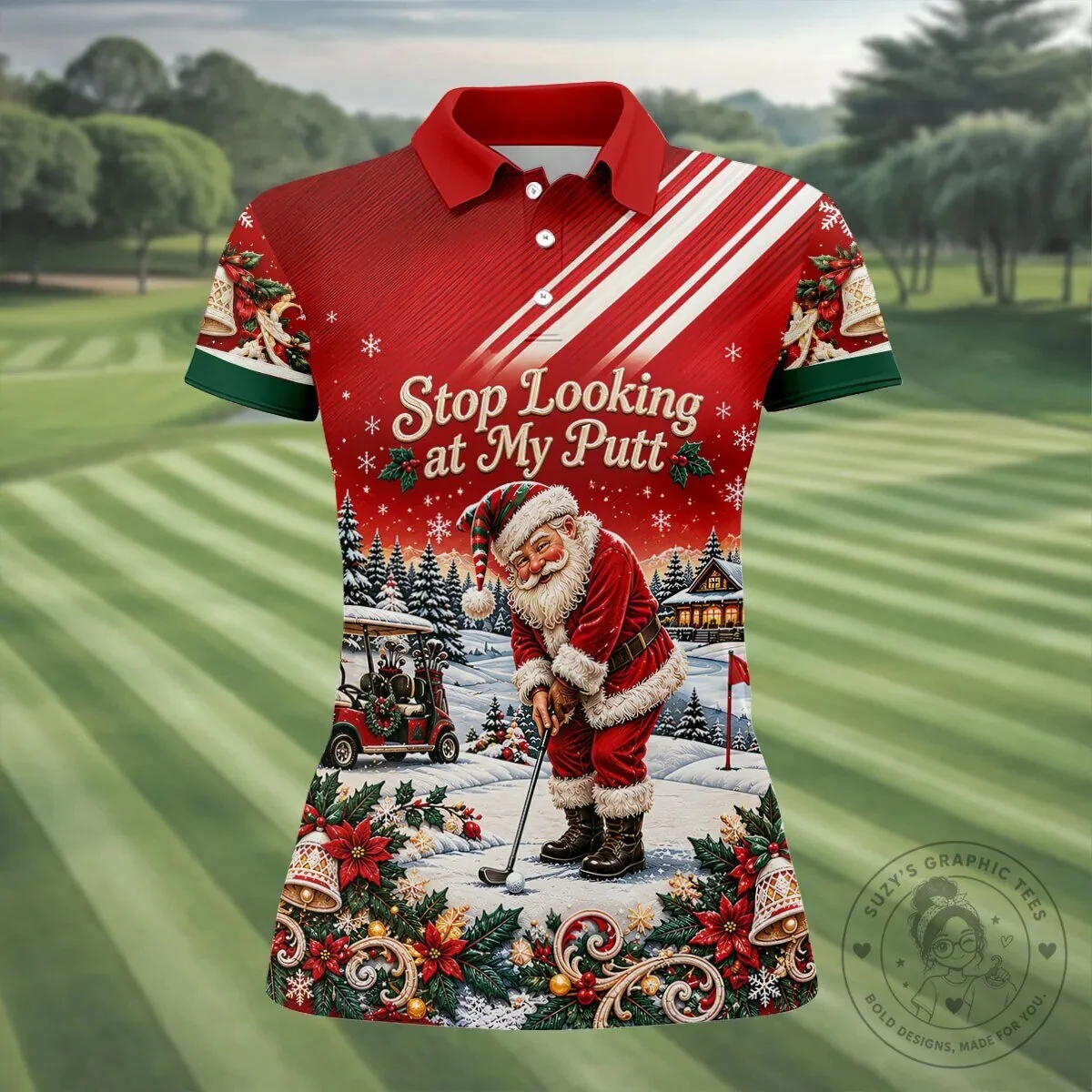 Christmas Golf Polo Shirt with Funny Santa Claus "Stop Looking at My Putt" Design 17 Christmas Golf Polo Shirt with Funny Santa Claus "Stop Looking at My Putt" Design