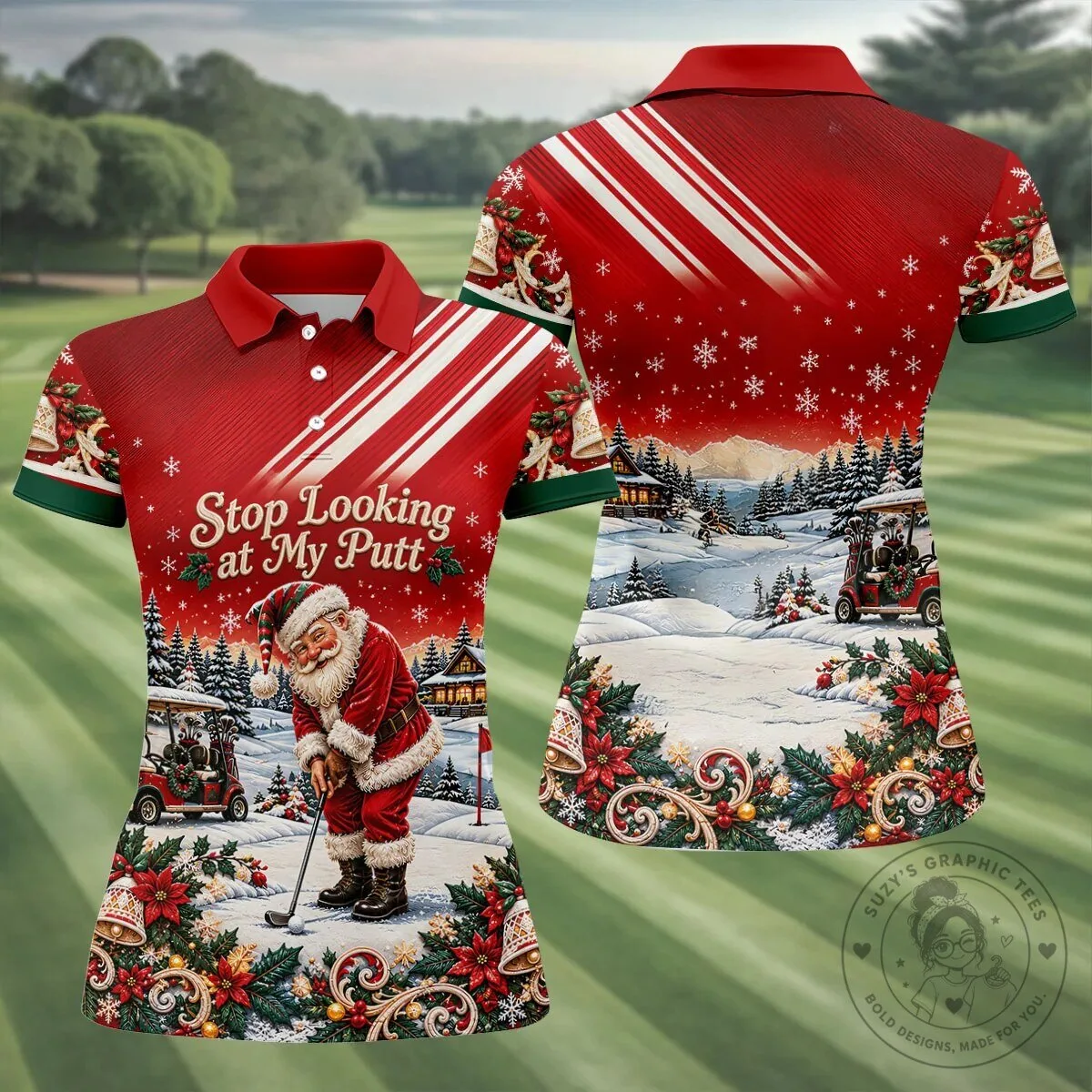 Christmas Golf Polo Shirt with Funny Santa Claus "Stop Looking at My Putt" Design 18 Christmas Golf Polo Shirt with Funny Santa Claus "Stop Looking at My Putt" Design