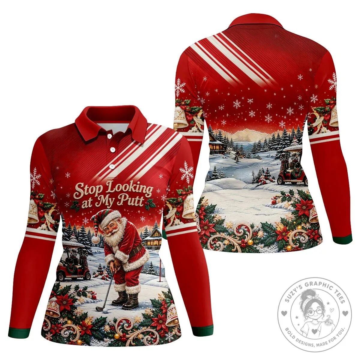 Christmas Golf Polo Shirt with Funny Santa Claus "Stop Looking at My Putt" Design 22 Christmas Golf Polo Shirt with Funny Santa Claus "Stop Looking at My Putt" Design