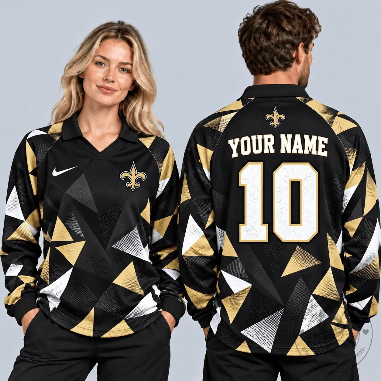 New Orleans Saints Geometric Abstract Camouflage Custom Name Number Long Sleeve Polo Shirt 3 New Orleans Saints Geometric Abstract Camouflage Custom Name Number Long Sleeve Polo Shirt