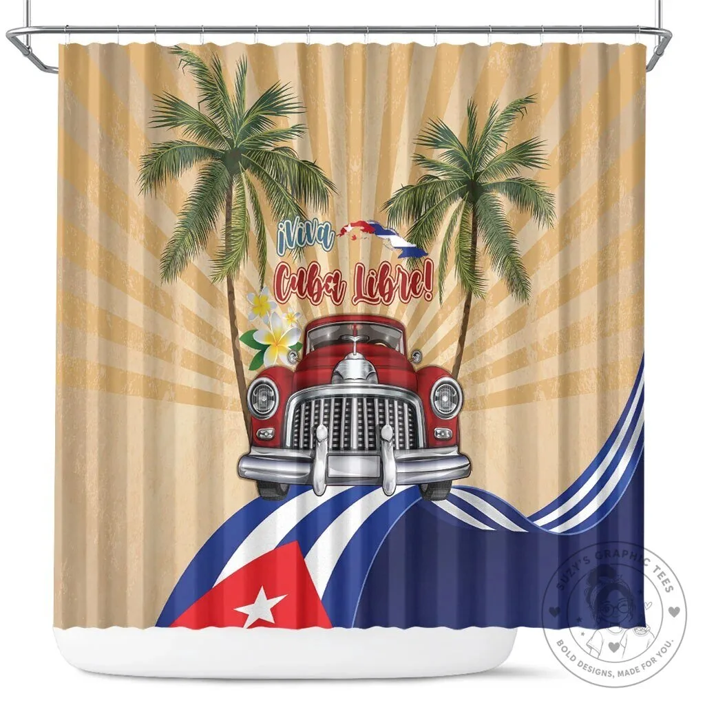 Viva Cuba Libre Red Classic Car Tropical Palm Trees Shower Curtain
