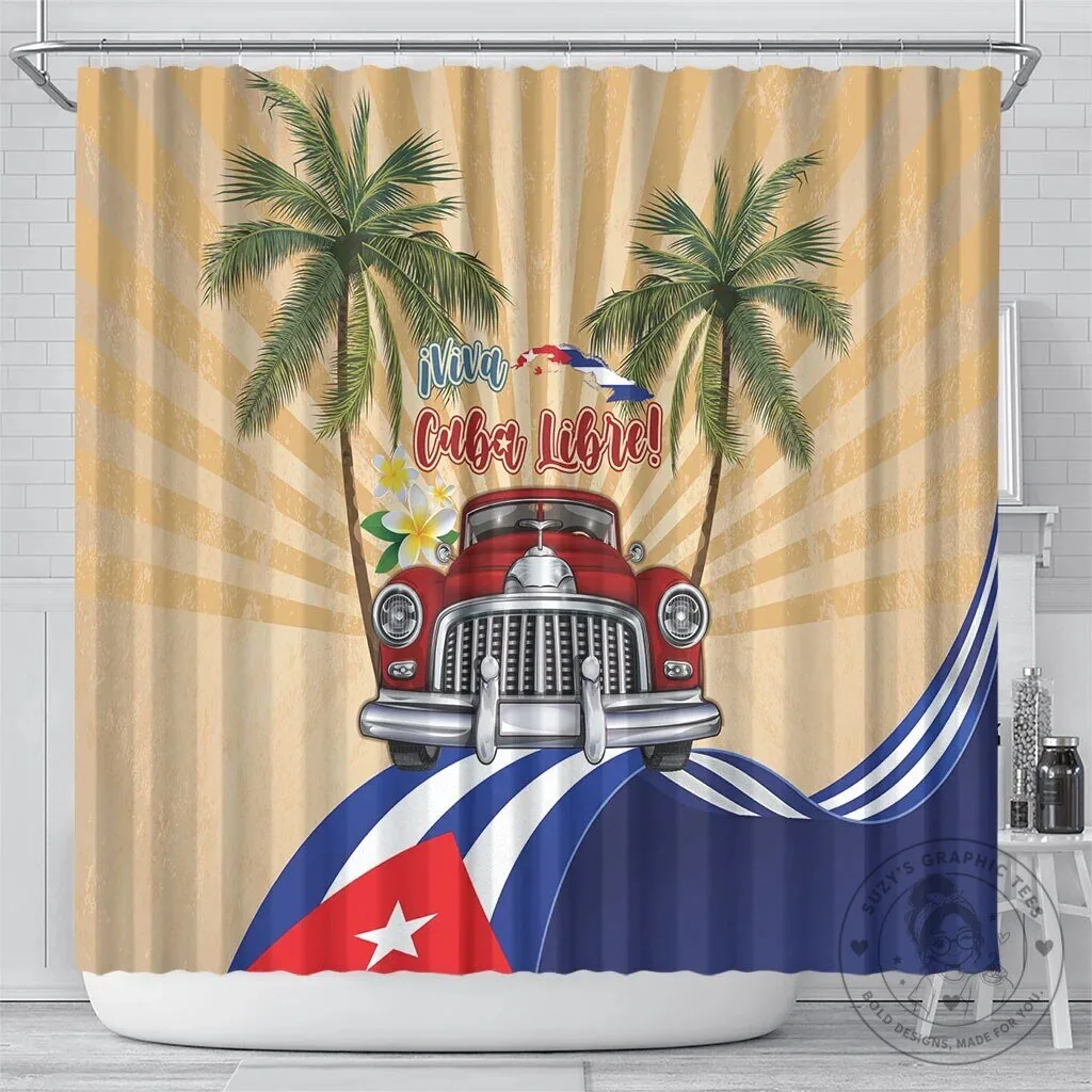 Viva Cuba Libre Red Classic Car Tropical Palm Trees Shower Curtain 6 Viva Cuba Libre Red Classic Car Tropical Palm Trees Shower Curtain