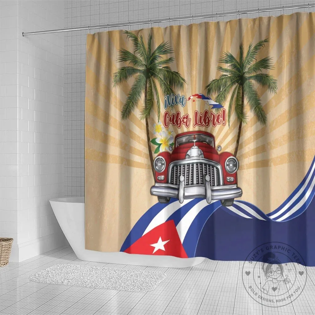 Viva Cuba Libre Red Classic Car Tropical Palm Trees Shower Curtain 7 Viva Cuba Libre Red Classic Car Tropical Palm Trees Shower Curtain
