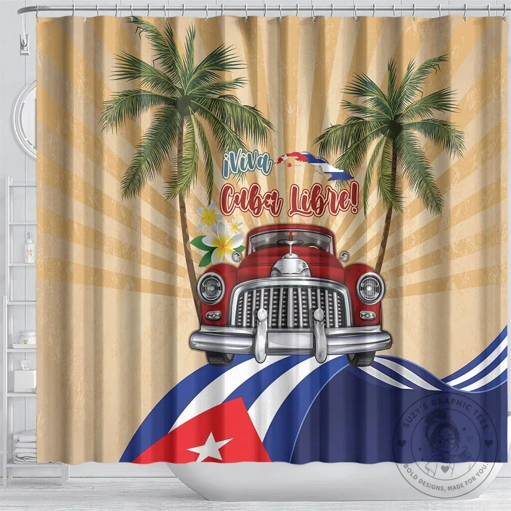 Viva Cuba Libre Red Classic Car Tropical Palm Trees Shower Curtain 8 Viva Cuba Libre Red Classic Car Tropical Palm Trees Shower Curtain