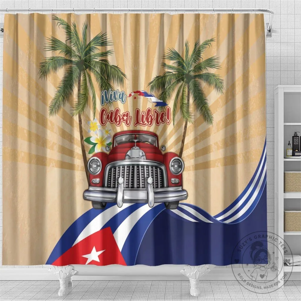 Viva Cuba Libre Red Classic Car Tropical Palm Trees Shower Curtain 9 Viva Cuba Libre Red Classic Car Tropical Palm Trees Shower Curtain