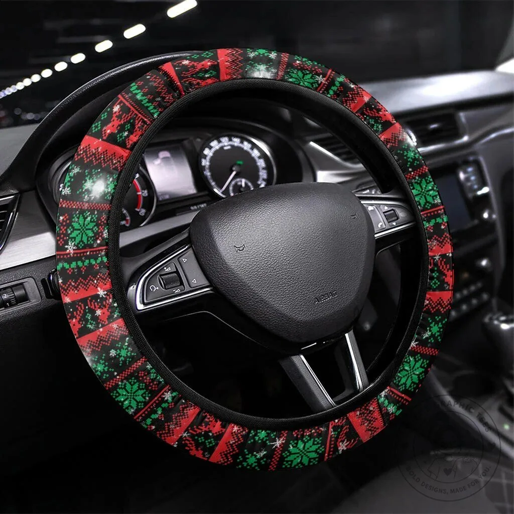Christmas Raccoon Ugly Sweater Pattern Car Steering Wheel Cover