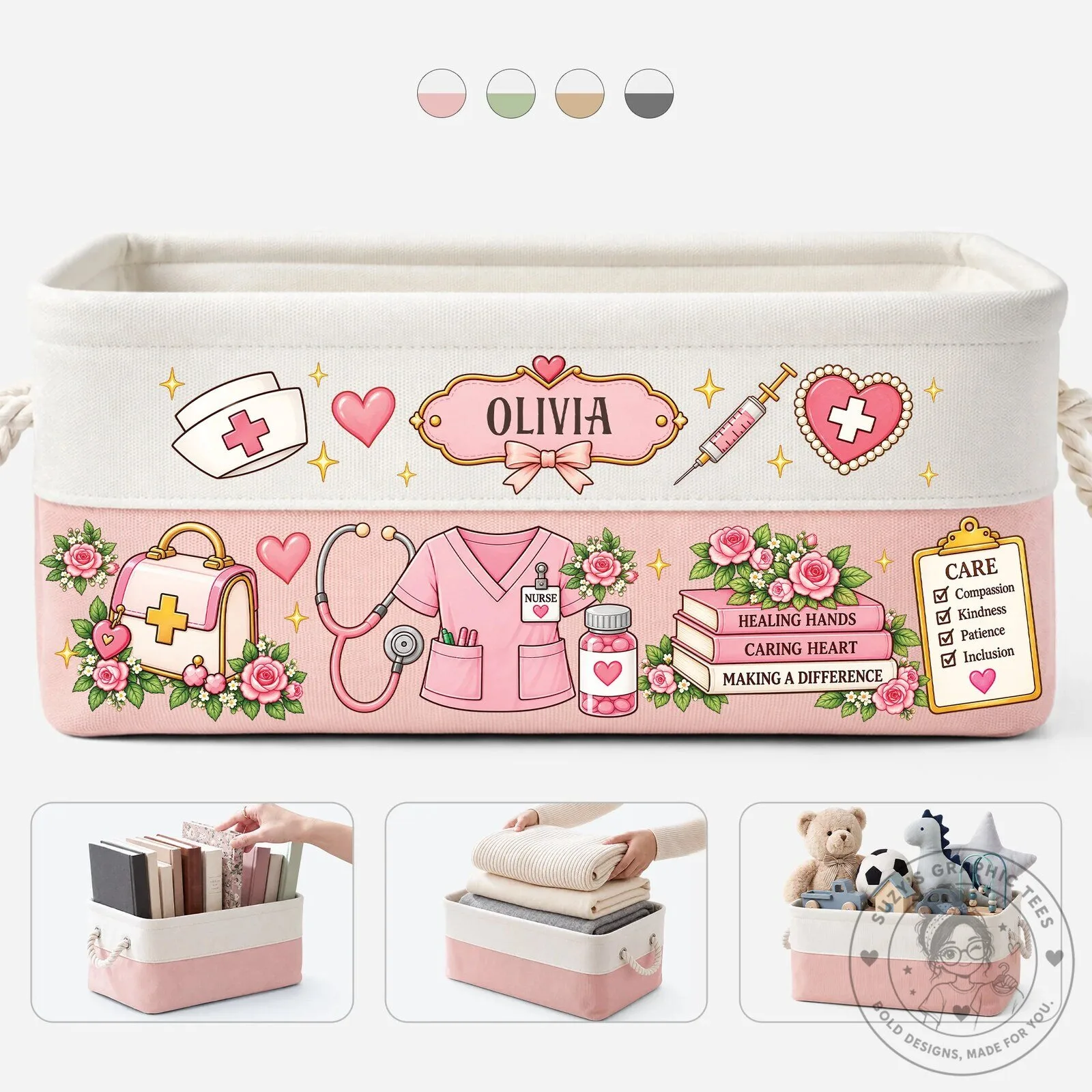 Personalized Nurse Olivia Floral Storage Basket with Name, Nurse Appreciation Gift