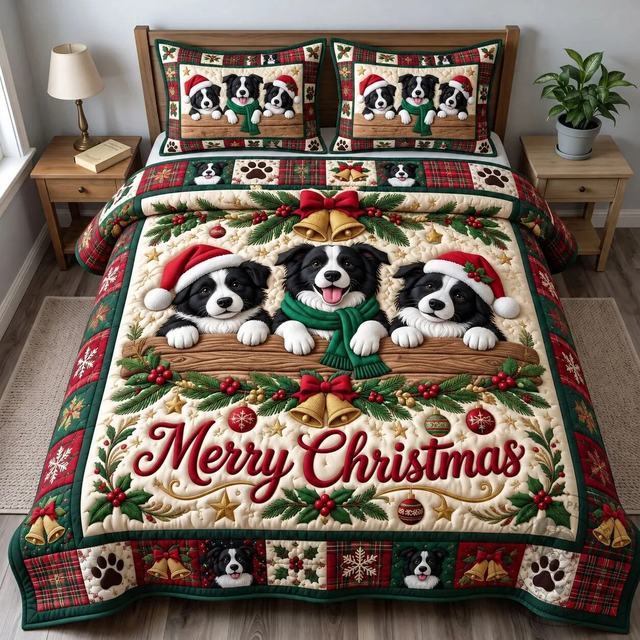 Border Collie Merry Christmas Holiday Quilted Bedding Set