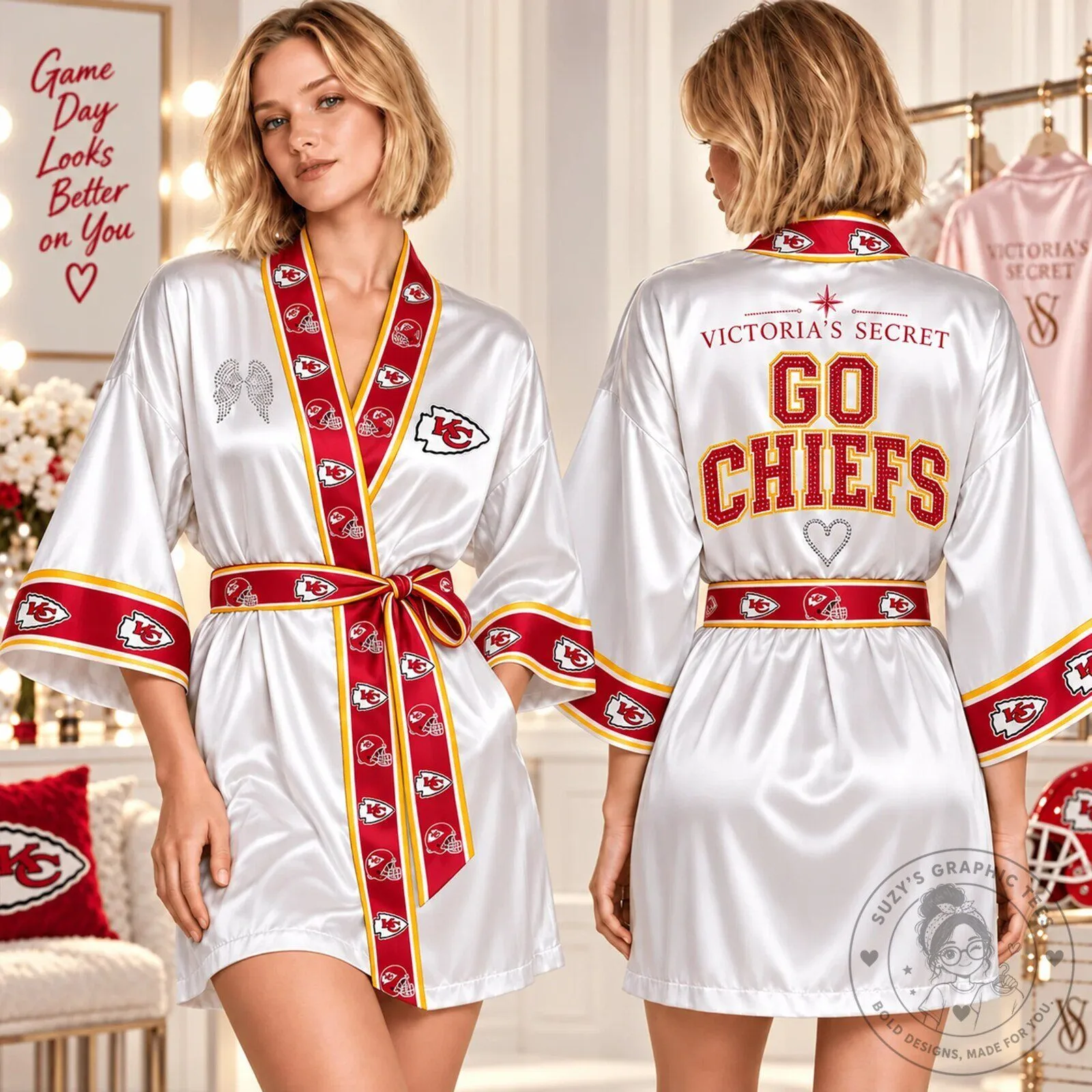 Kansas City Chiefs Satin Robe for Women, Game Day Apparel 3 Kansas City Chiefs Satin Robe for Women, Game Day Apparel