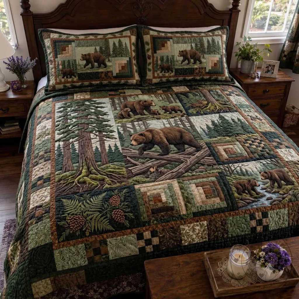 Deep Forest Bears Rustic Cabin Quilted Bedding Set with Pillow Shams Deep Forest Bears Rustic Cabin Quilted Bedding Set with Pillow Shams