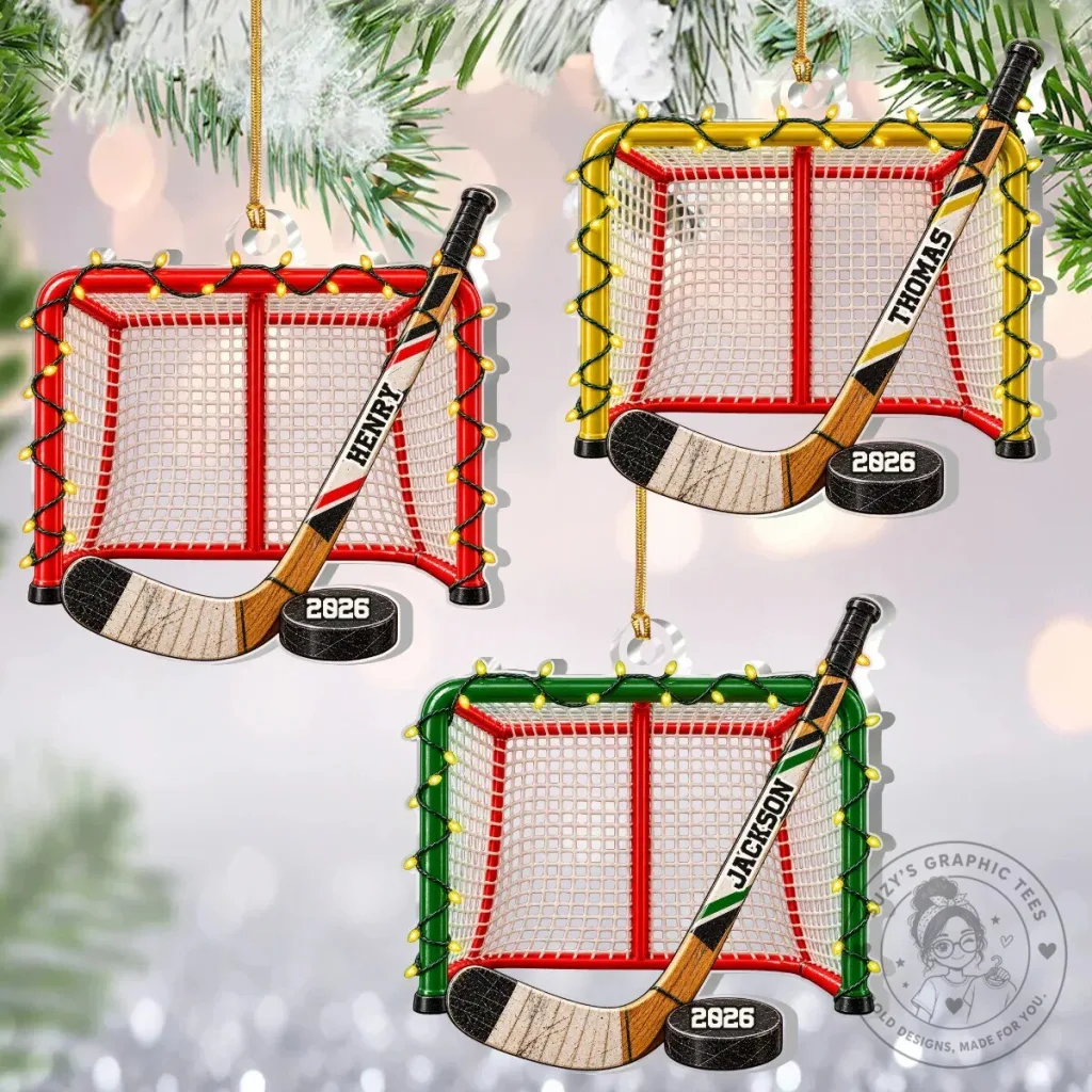Personalized Hockey Goal and Stick Christmas Tree Ornament Personalized Hockey Goal and Stick Christmas Tree Ornament