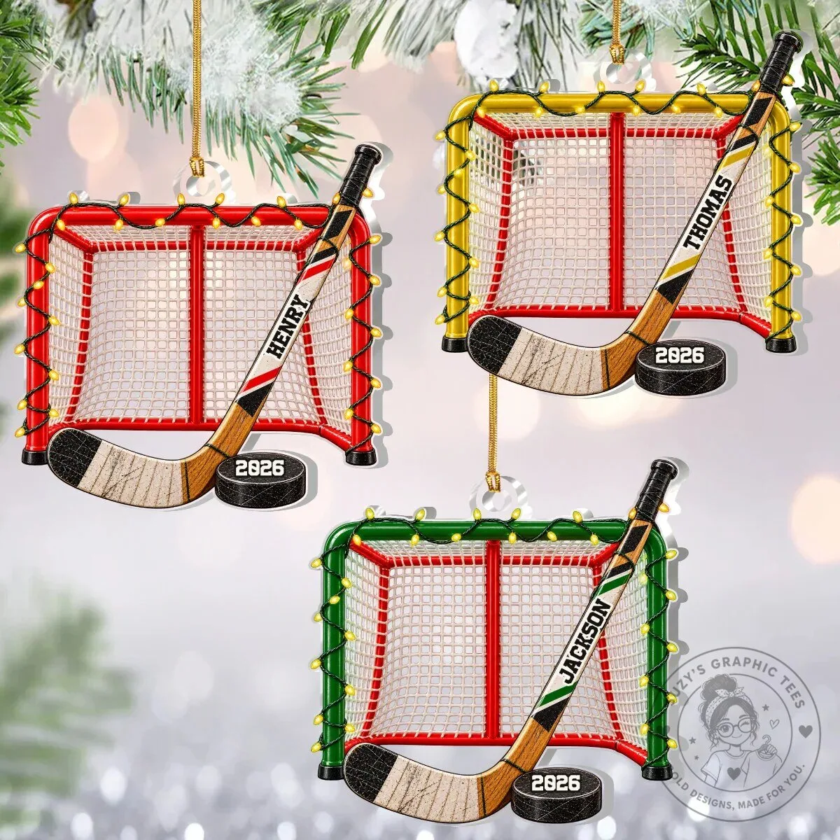 Personalized Hockey Goal and Stick Christmas Tree Ornament 12 Personalized Hockey Goal and Stick Christmas Tree Ornament