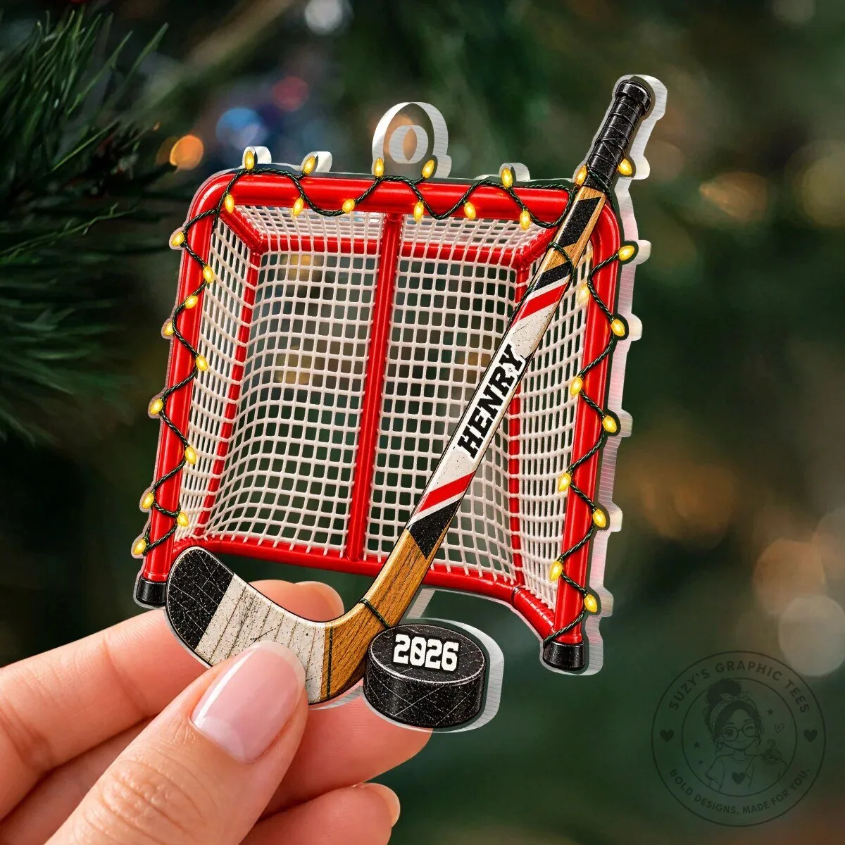 Personalized Hockey Goal and Stick Christmas Tree Ornament 13 Personalized Hockey Goal and Stick Christmas Tree Ornament