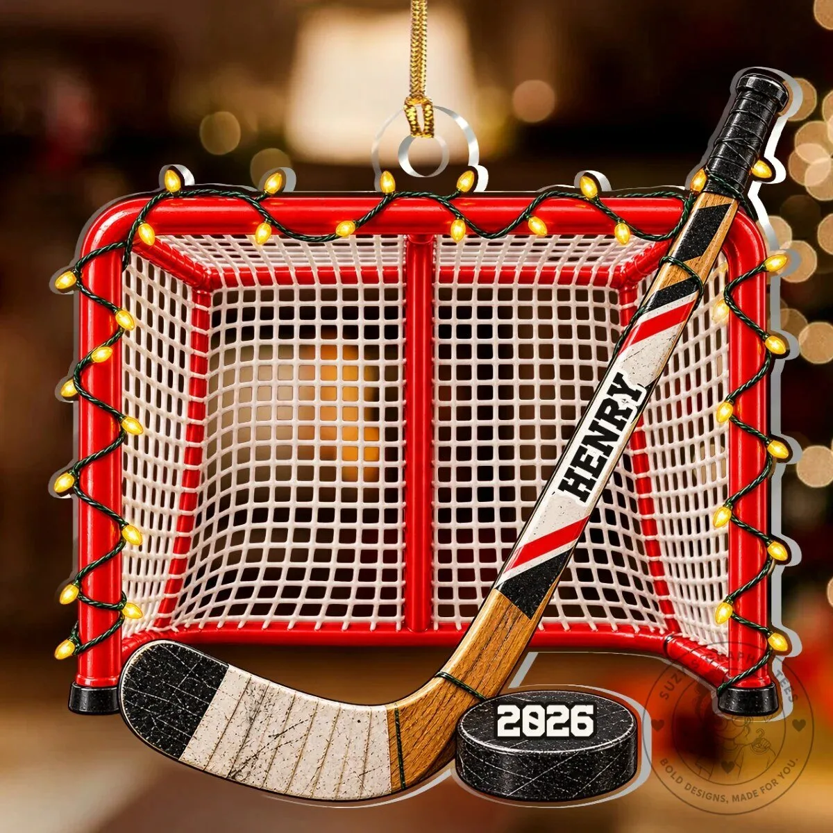 Personalized Hockey Goal and Stick Christmas Tree Ornament 14 Personalized Hockey Goal and Stick Christmas Tree Ornament