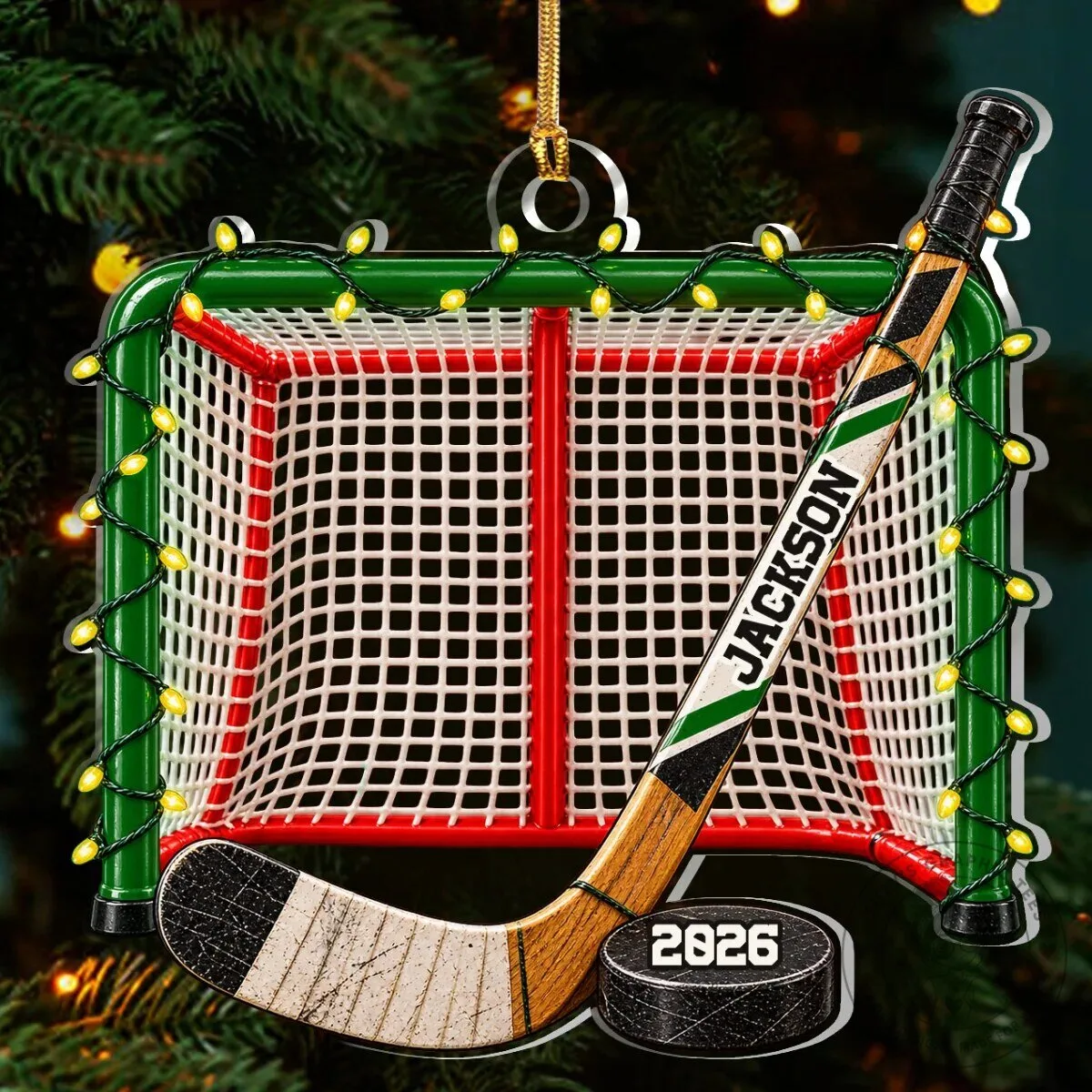 Personalized Hockey Goal and Stick Christmas Tree Ornament 15 Personalized Hockey Goal and Stick Christmas Tree Ornament