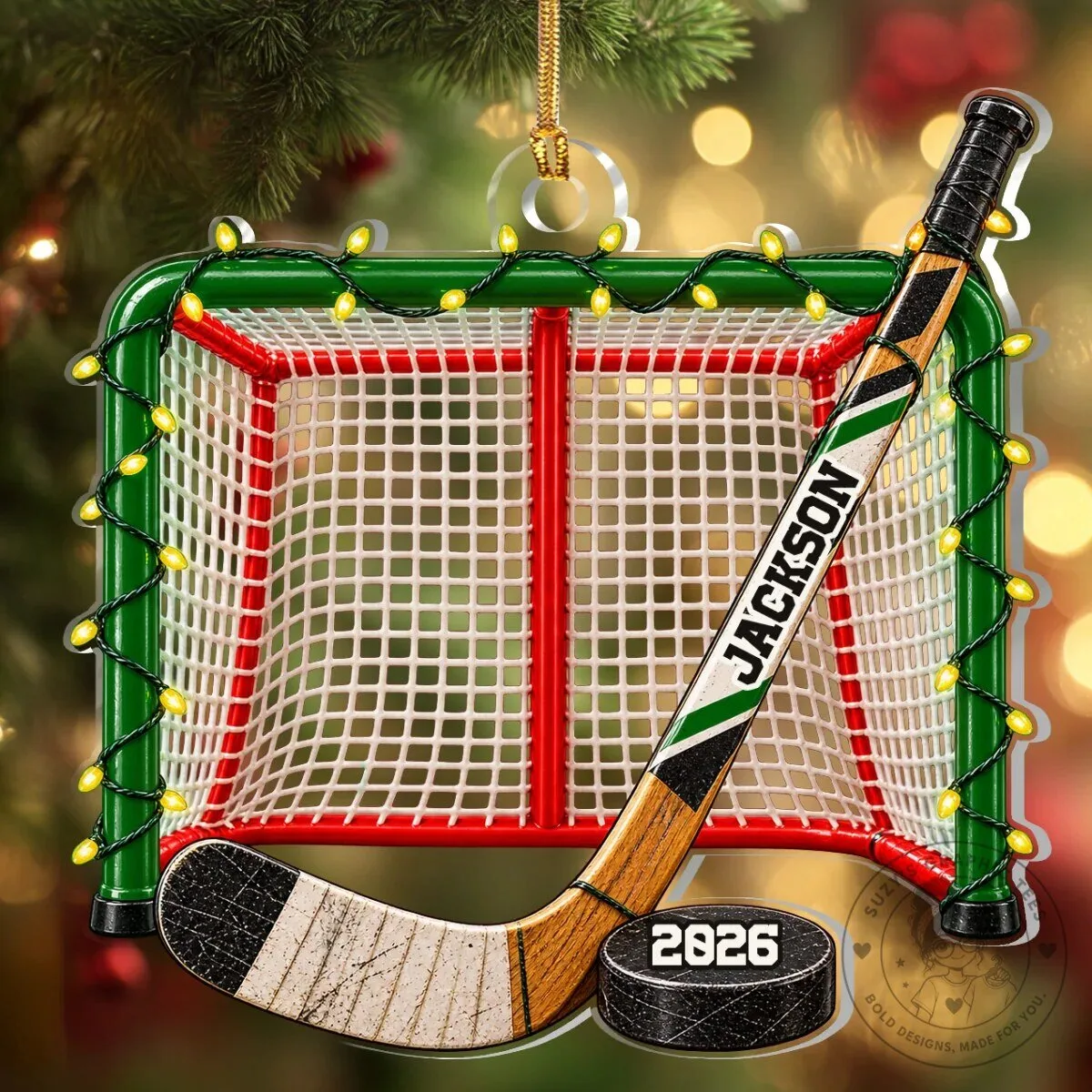 Personalized Hockey Goal and Stick Christmas Tree Ornament 16 Personalized Hockey Goal and Stick Christmas Tree Ornament